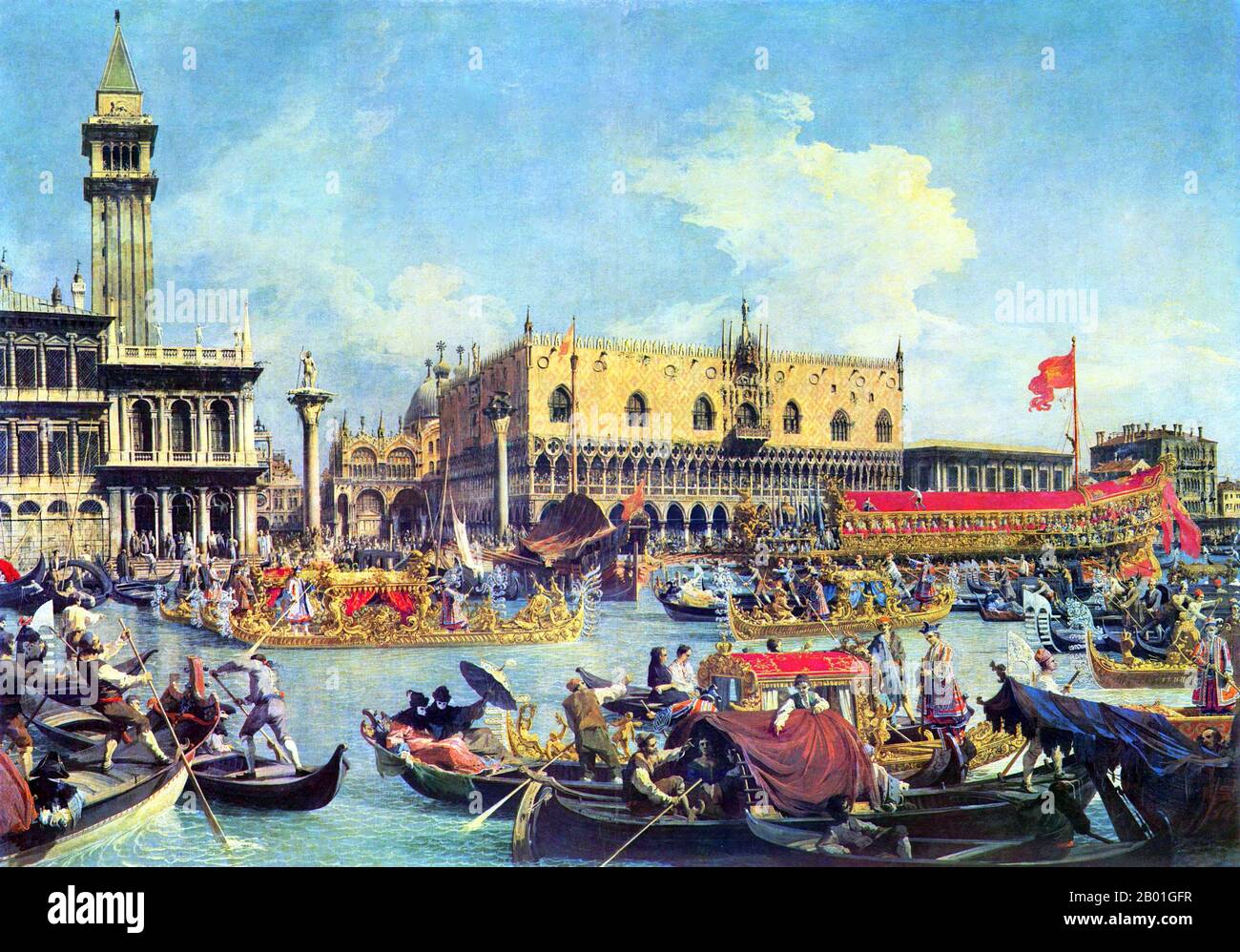 Italien/Venedig: "Der Bucintoro kehrt am Tag des Aufstiegs zum Molo zurück". Ölgemälde von Canaletto (18. Oktober 1697 bis 10. April 1768), 1732. Jahrhundertelang war Venedig Europas wichtigster Handelspartner im Nahen Osten und insbesondere im Byzantinischen Reich. Die venezianische Marine- und Handelsmacht war in Europa einzigartig, bis sie im 15. Jahrhundert eine Reihe von Kriegen gegen die osmanischen Armeen verlor. Die Stadt verlor in den Jahren 1575 bis 1577 etwa 50.000 Menschen durch den Schwarzen Tod, blieb aber bis weit ins 18. Jahrhundert ein wichtiges Fertigungszentrum und Hafen. Stockfoto