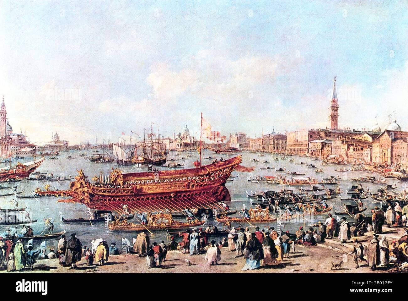 Italien/Venedig: "Der Doge am Bucintoro in der Nähe der Riva di Sant'Elena". Ölgemälde von Francesco Guardi (5. Oktober 1712 bis 1. Januar 1793), 1775-1780. Jahrhundertelang war Venedig Europas wichtigster Handelspartner im Nahen Osten und insbesondere im Byzantinischen Reich. Die venezianische Marine- und Handelsmacht war in Europa einzigartig, bis sie im 15. Jahrhundert eine Reihe von Kriegen gegen die osmanischen Armeen verlor. Die Stadt verlor in den Jahren 1575 bis 1577 etwa 50.000 Menschen durch den Schwarzen Tod, blieb aber bis weit ins 18. Jahrhundert ein wichtiges Fertigungszentrum und Hafen. Stockfoto