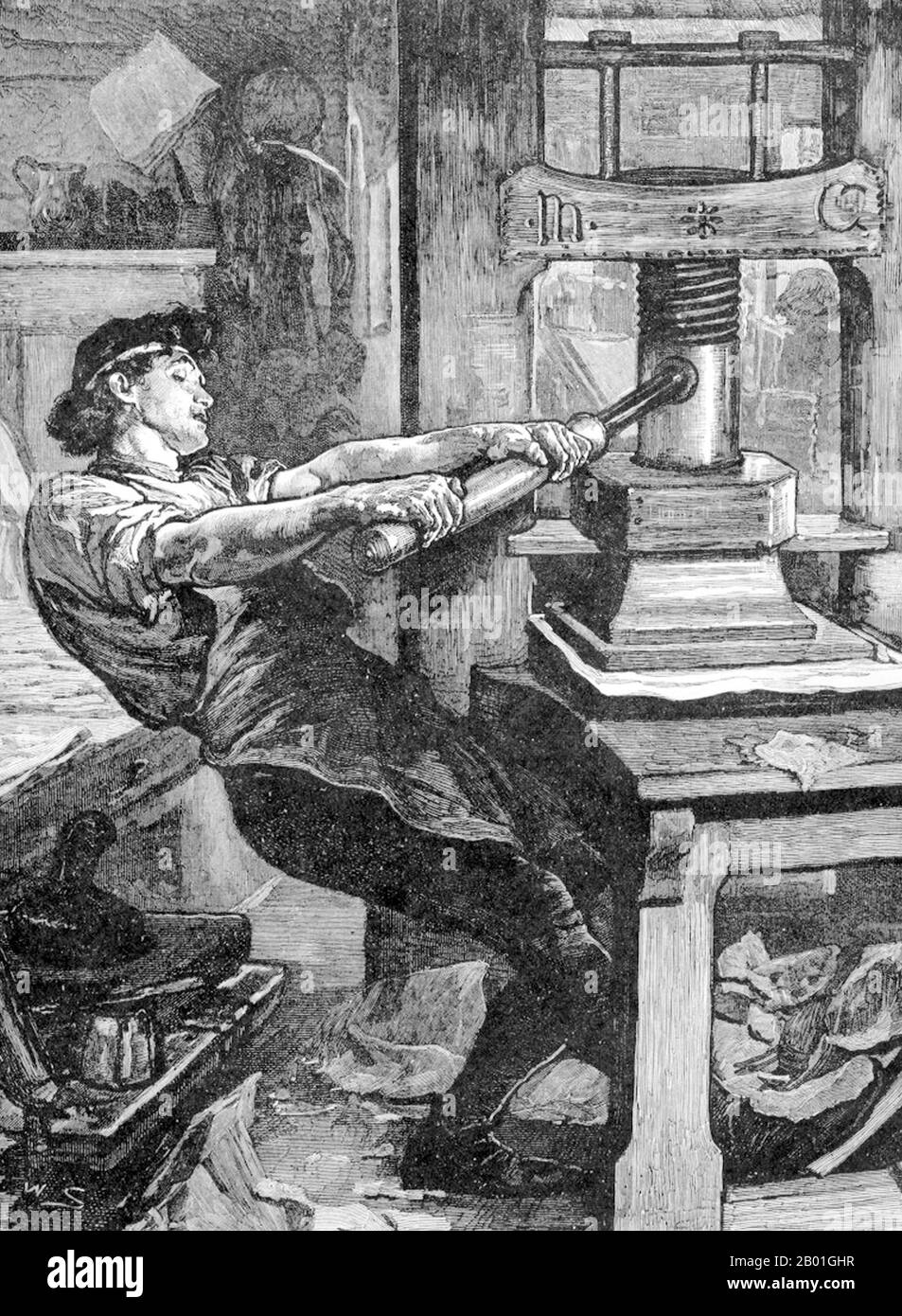 Deutschland: Eine mechanische Druckerpresse vom Typ Johannes Gutenberg, Repräsentation des 19. Jahrhunderts. Johannes Gensfleisch zur Laden zum Gutenberg war ein Schmied, Goldschmied, Drucker und Verleger, der die Druckerpresse vorstellte. Seine Verwendung des beweglichen Drucks begann die Druckrevolution und gilt weithin als das wichtigste Ereignis der Neuzeit. Sie spielte eine Schlüsselrolle bei der Entwicklung der Renaissance, der Reformierung und der wissenschaftlichen Revolution und legte die Grundlage für die moderne wissensbasierte Wirtschaft und die Verbreitung des Lernens in der Masse. Stockfoto