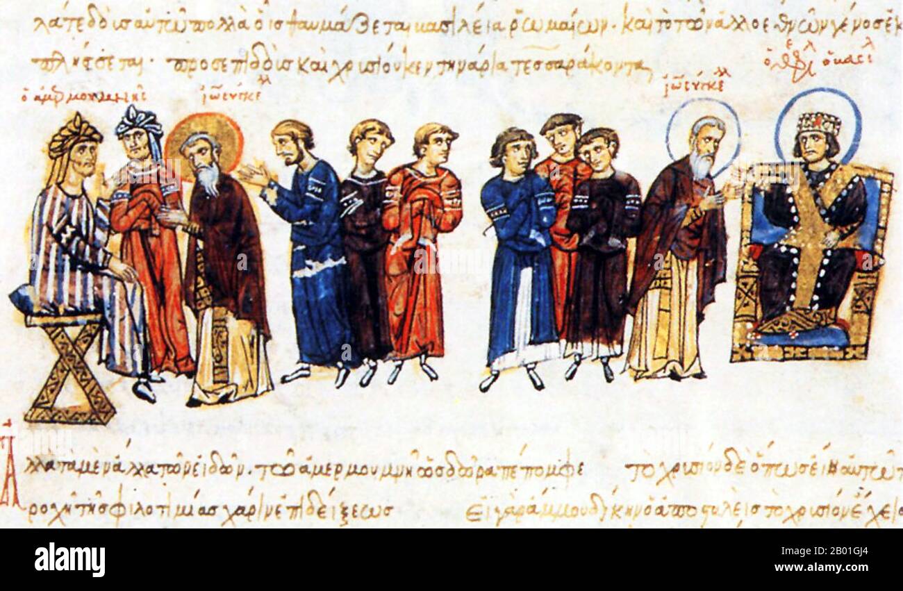 Spanien/Türkei/Irak: Die Botschaft von Johannes dem Grammarianer im Jahr 829, zwischen dem Abbasidenkaliph Al-Ma'un (links) und dem byzantinischen Kaiser Theophilos (rechts). Miniaturgemälde aus den Madrider Skylitzes (12.-13. Jahrhundert). John VII Grammatikos oder Grammaticus, also der Grammatikus, war vom 21. Januar 837 bis zum 4. März 843 Ökumenischer Patriarch von Konstantinopel und starb vor 867. John war berühmt für sein Lernen (daher der Spitzname Grammatikos) und seine überzeugende Rhetorik in den endlosen Debatten, die ein beliebtes Thema der haiographischen Quellen sind, die die zweite Periode des Iconoclasmus widerspiegeln. Stockfoto