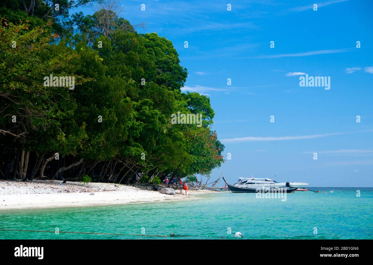 Thailand: Ko Rawi, Ko Tarutao Marine-Nationalpark. Ko Rawi ist die zweitgrößte Insel der Adang-Rawi Gruppe, die selbst Teil des Ko Tarutao Marine National Park ist. Es hat eine Fläche von etwa 29 Quadratkilometern (11,5 Quadratmeilen) und liegt nur 10km km (6 Meilen) westlich von Ko Adang. Der Marine-Nationalpark Ko Tarutao besteht aus 51 Inseln in zwei Hauptgruppen, die über die Andamanensee im südlichsten Thailand verstreut sind. Nur sieben der Inseln haben jede Größe, einschließlich Ko Tarutao im Osten und Ko Adang-Ko Rawi im Westen. Stockfoto