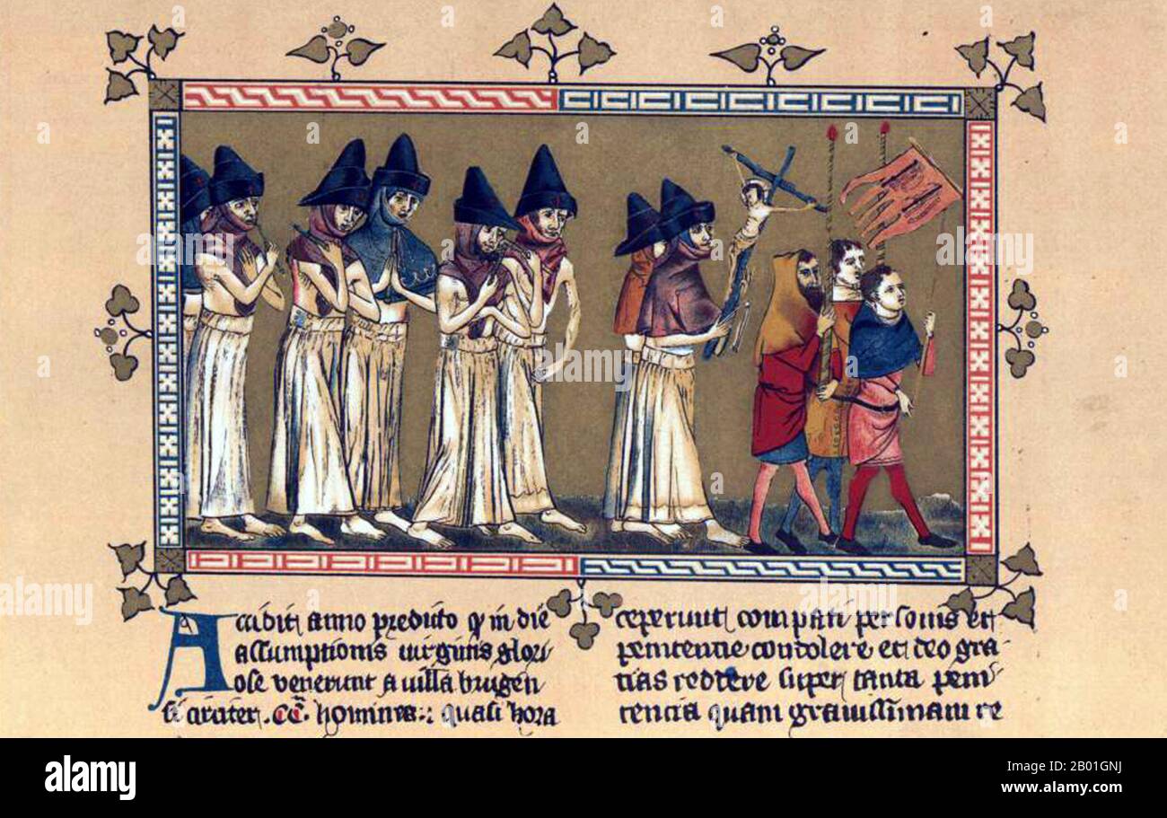 Belgien: Flagellants in Doornik (Tournai), die sich vom Schwarzen Tod erholen wollen. Miniaturgemälde aus dem Chronicle von Aegidius li Muisis von Pierart dou Tielt (Teil 1340-1360), c. 1353. Der Schwarze Tod war eine der verheerendsten Pandemien in der Geschichte der Menschheit und erreichte zwischen 1348 und 1350 ihren Höhepunkt in Europa. Von mehreren konkurrierenden Theorien ist die vorherrschende Erklärung für den Schwarzen Tod die Pesttheorie, die den Ausbruch auf das Bakterium Yersinia pestis zurückführt. Sie soll in China begonnen haben, reiste entlang der Seidenstraße und erreichte die Krim um 1346 Uhr. Stockfoto