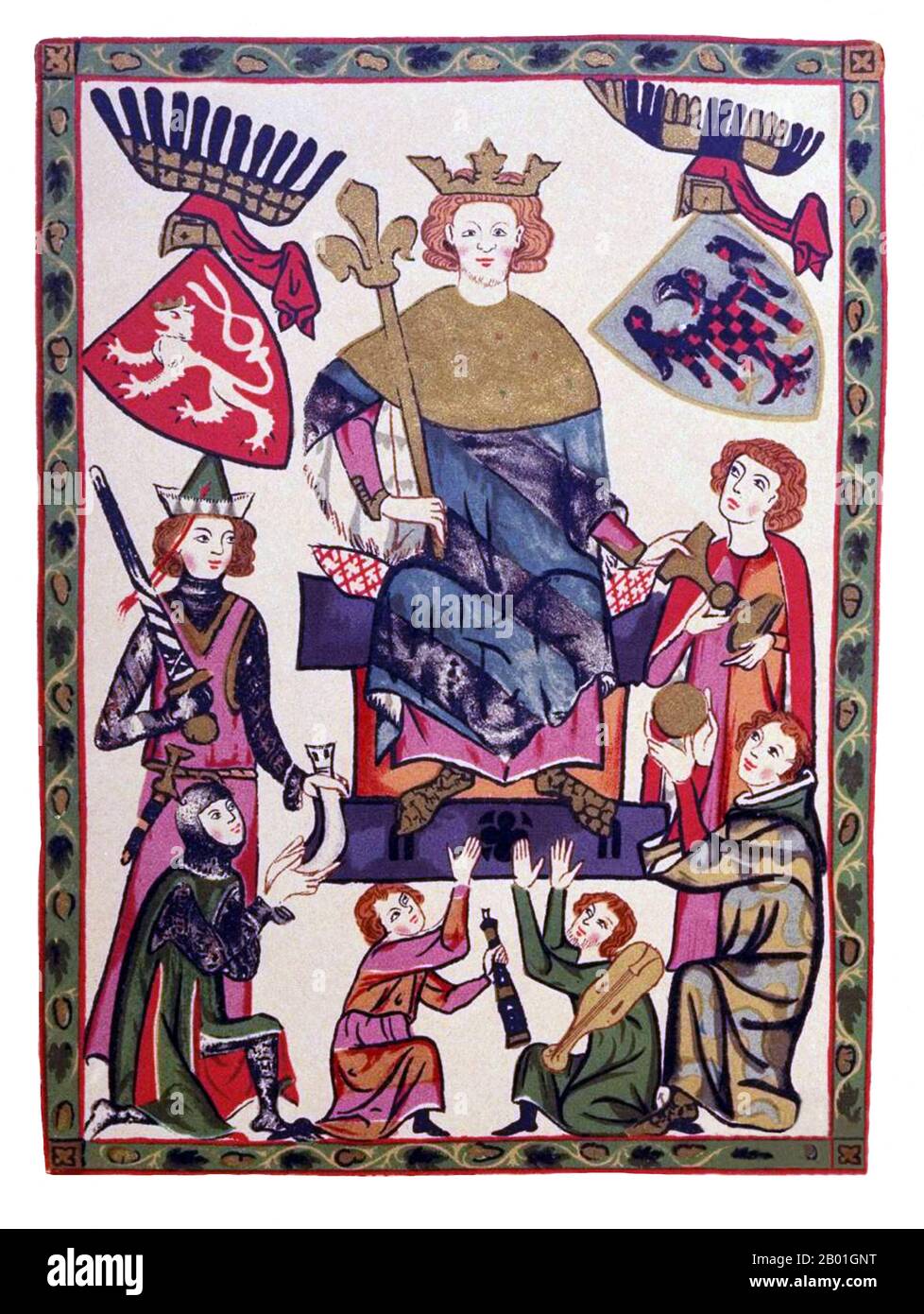Tschechische Republik/Schweiz: "Guter König Wenzel". Miniaturmalerei aus dem Codex Manesse, c. 1304-1340. Wenceslaus II/Vaclav II von Böhmen (27. September 1271 - 21. Juni 1305), war der König von Böhmen (1278-1305) und Polen (1300-1305) und Herzog von Krakau (1291-1305). Als einziger Sohn von König Ottokar II. Und Mitglied der Přemyslid-Dynastie war er mit Judith von Habsburg verheiratet, Tochter von Rudolf I, König der Römer. Er hat die Krone Ungarns durch seinen Sohn, Wenceslaus III., beansprucht, aber er starb, bevor er sie vollständig sichern konnte. Er galt als einer der wichtigsten tschechischen Könige. Stockfoto