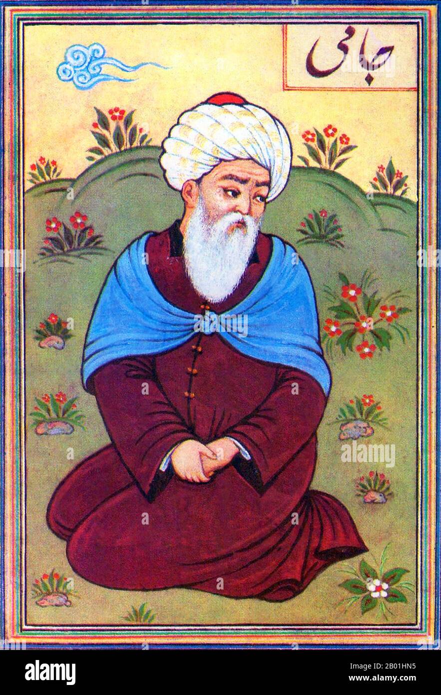 Afghanistan/Iran: Der persische Sufi-Dichter Rumi (30. September 1207 - 17. Dezember 1273), c. 17. Jahrhundert. Jalāl ad-Dīn Muḥammad Balkhī, auch bekannt als Jalāl ad-Dīn Muḥammad Rūmī und allgemein bekannt als Mevlānā in der Türkei und Mawlānā im Iran und in Afghanistan, aber in der englischsprachigen Welt einfach als Rumi bekannt, war ein persischer muslimischer Dichter, Jurist, Theologe und Sufi-Mystiker aus dem 13. Jahrhundert. Er wurde in der Provinz Balkh in Afghanistan in einer kleinen Stadt am Fluss Wakhsh in Tadschikistan geboren. Stockfoto