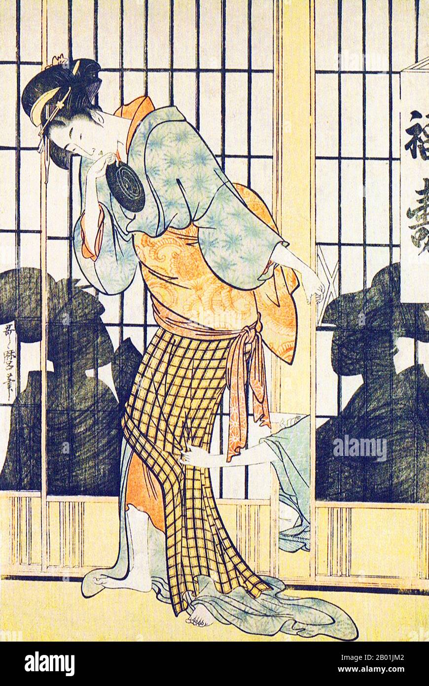 Japan: Szene aus dem Fukuju Teehaus. Ukiyo-e-Holzblockdruck von Kitagawa Utamaro (ca. 1753. Bis 31. Oktober 1806), c. 1794-1795. Kitagawa Utamaro war ein japanischer Druckmacher und Maler, der als einer der größten Künstler von Holzblockdrucken gilt (Ukiyo-e). Er ist vor allem bekannt für seine meisterhaft zusammengestellten Studien über Frauen, bekannt als Bijinga. Er produzierte auch Naturstudien, insbesondere illustrierte Bücher über Insekten. Stockfoto