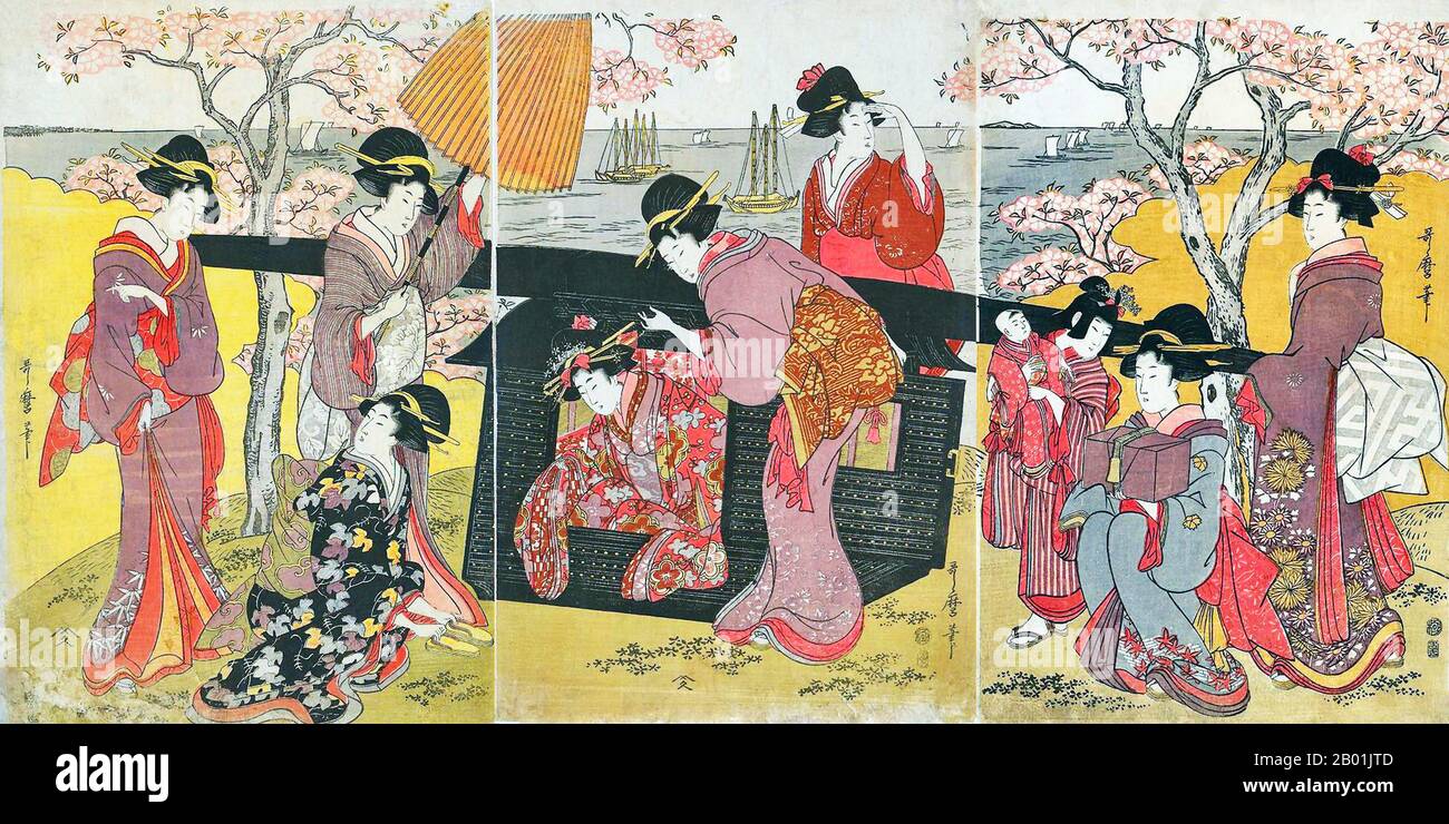 Japan: Kirschblütenblick in Gotenyama. Ukiyo-e Holzschnitt Triptychon von Kitagawa Utamaro (ca. 1753 - 31. Oktober 1806), 1800. Kitagawa Utamaro war ein japanischer Druckgrafiker und Maler, der als einer der größten Künstler von Holzschnitten (ukiyo-e) gilt. Bekannt ist er vor allem für seine meisterhaft komponierten Studien über Frauen, bekannt als Bijinga. Er schuf auch Naturstudien, insbesondere illustrierte Bücher über Insekten. Stockfoto