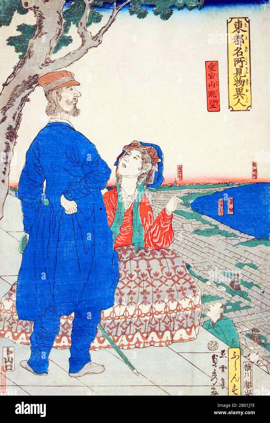 Japan: „Blick Vom Atago-Hügel: Französisch“. Ukiyo-e Holzschnitt aus der Serie „Foreign Sightseers at Famous Spots in Edo“ von Utagawa Sadahide (ca. 1807-1873), 1861. Utagawa Sadahide, auch bekannt als Gountei Sadahide, war ein japanischer Ukiyo-e-Künstler aus der Utagawa-Schule. Seine Arbeit umfasste eine Vielzahl von Genres, obwohl er vor allem für seine Yokohama-e-Bilder von Ausländern in Yokohama in den 1860er Jahren bekannt war Er war auch Mitglied der Delegation des Shogunats Yokugawa auf der Internationalen Ausstellung von 1867 in Paris. Stockfoto
