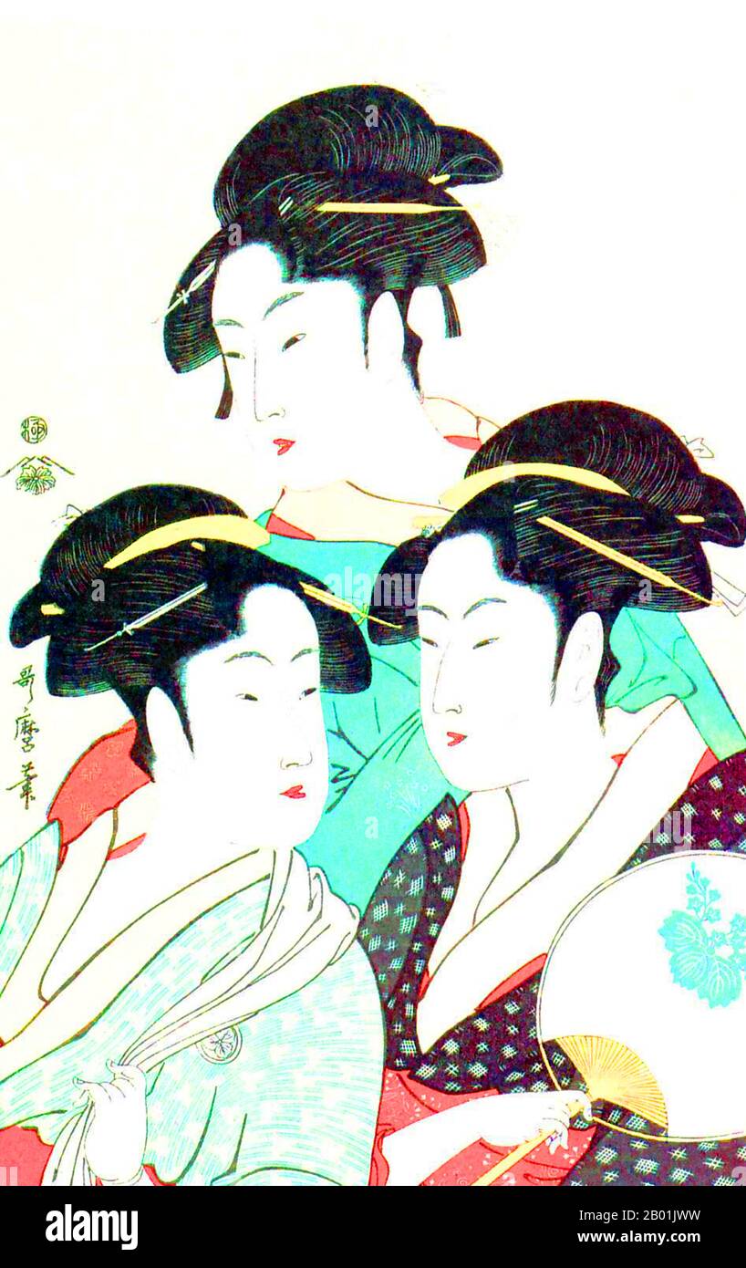 Japan: Die drei Schönheiten O-Hisa, O-Kita und O-Hina. Ukiyo-e Holzschnitt von Kitagawa Utamaro (ca. 1753 - 31. Oktober 1806), 1792. Kitagawa Utamaro war ein japanischer Druckgrafiker und Maler, der als einer der größten Künstler von Holzschnitten (ukiyo-e) gilt. Bekannt ist er vor allem für seine meisterhaft komponierten Studien über Frauen, bekannt als Bijinga. Er schuf auch Naturstudien, insbesondere illustrierte Bücher über Insekten. Stockfoto