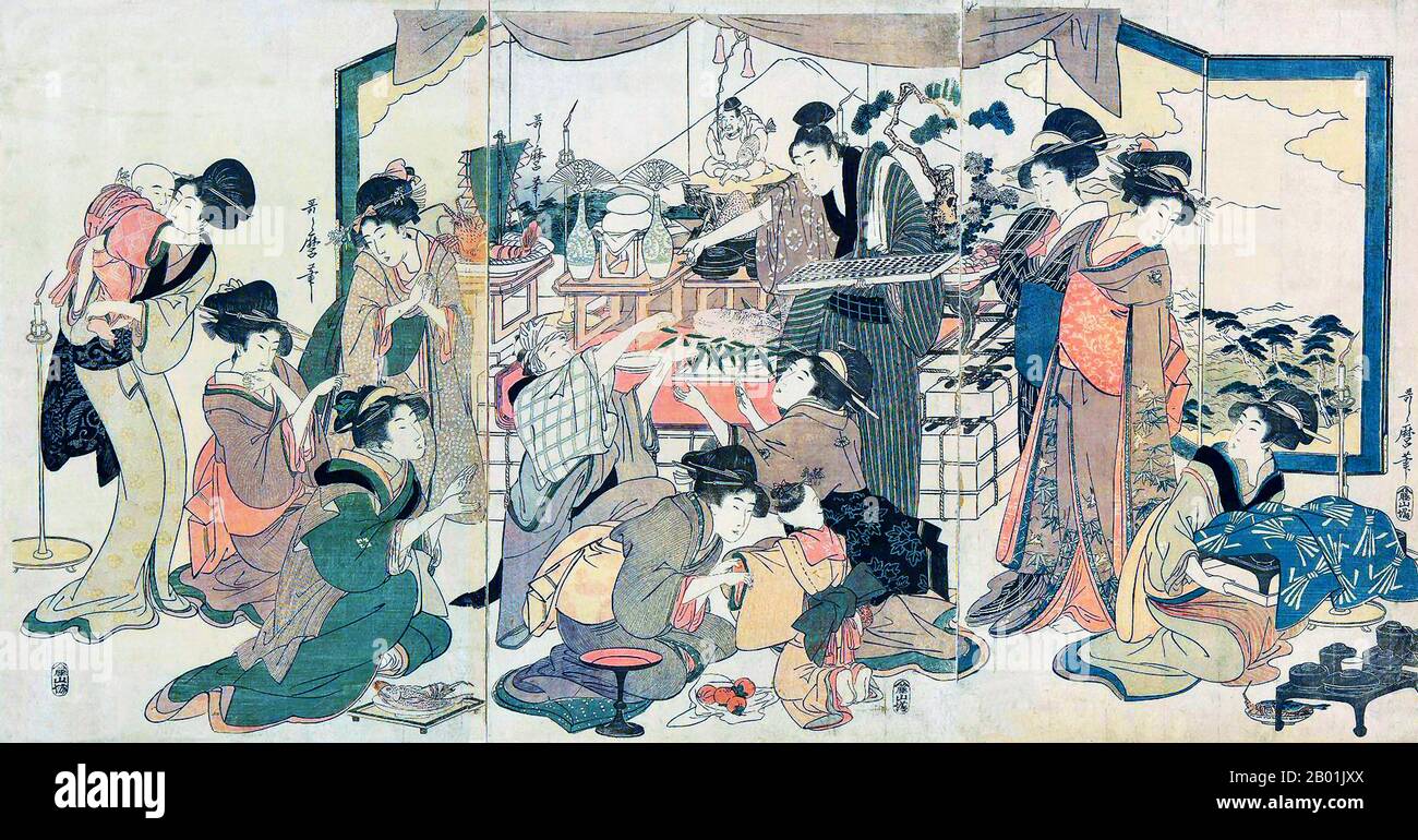 Japan: "Ein fest vorbereiten". Ukiyo-e Holzschnitt Triptychon von Kitagawa Utamaro (ca. 1753 - 31. Oktober 1806), ca. 1790er Kitagawa Utamaro war ein japanischer Druckgrafiker und Maler, der als einer der größten Künstler von Holzschnitten (ukiyo-e) gilt. Bekannt ist er vor allem für seine meisterhaft komponierten Studien über Frauen, bekannt als Bijinga. Er schuf auch Naturstudien, insbesondere illustrierte Bücher über Insekten. Stockfoto