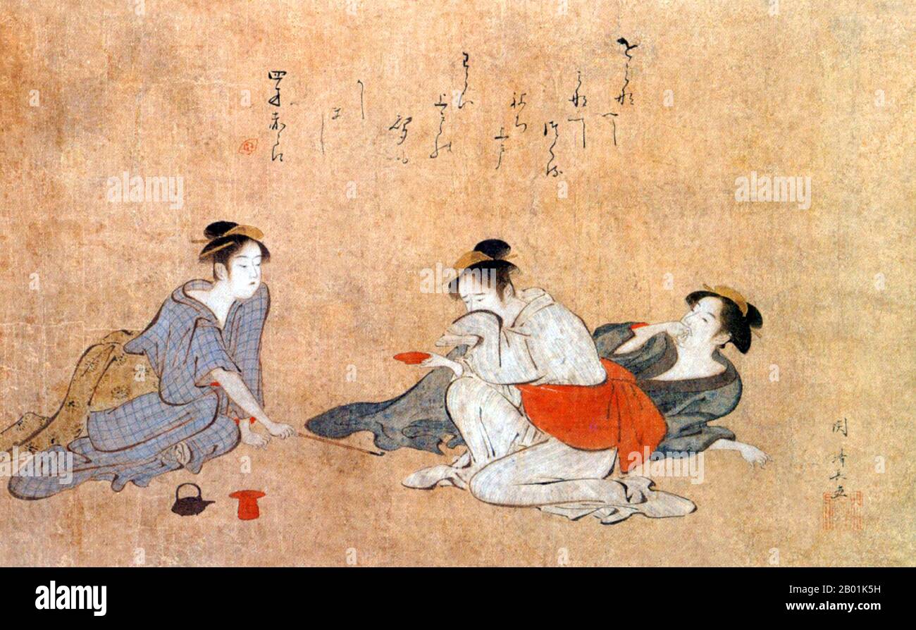 Japan: Drei Betrunkene Frauen. Tusche und Farbe auf Papiermalerei von Torii Kiyonaga (1752 - 28. Juni 1815), um 1787. Torii Kiyonaga war ein japanischer Ukiyo-e-Printmacher und Maler der Torii-Schule. Ursprünglich Sekiguchi Shinsuke, der Sohn eines Edo-Buchhändlers, nahm er Torii Kiyonaga als Künstlernamen (gō) an. Obwohl er nicht biologisch mit der Familie Torii verwandt ist, wurde er nach dem Tod seines Adoptivvaters und Lehrers Torii Kiyomitsu Leiter der Gruppe. Stockfoto