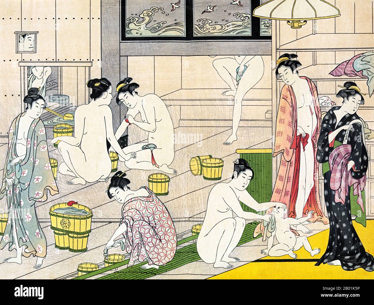 Japan: Badehausfrauen. Ukiyo-e Holzschnitt von Torii Kiyonaga (1752 - 28. Juni 1815), ca. 1780. Torii Kiyonaga war ein japanischer Ukiyo-e-Printmacher und Maler der Torii-Schule. Ursprünglich Sekiguchi Shinsuke, der Sohn eines Edo-Buchhändlers, nahm er Torii Kiyonaga als Künstlernamen (gō) an. Obwohl er nicht biologisch mit der Familie Torii verwandt ist, wurde er nach dem Tod seines Adoptivvaters und Lehrers Torii Kiyomitsu Leiter der Gruppe. Stockfoto
