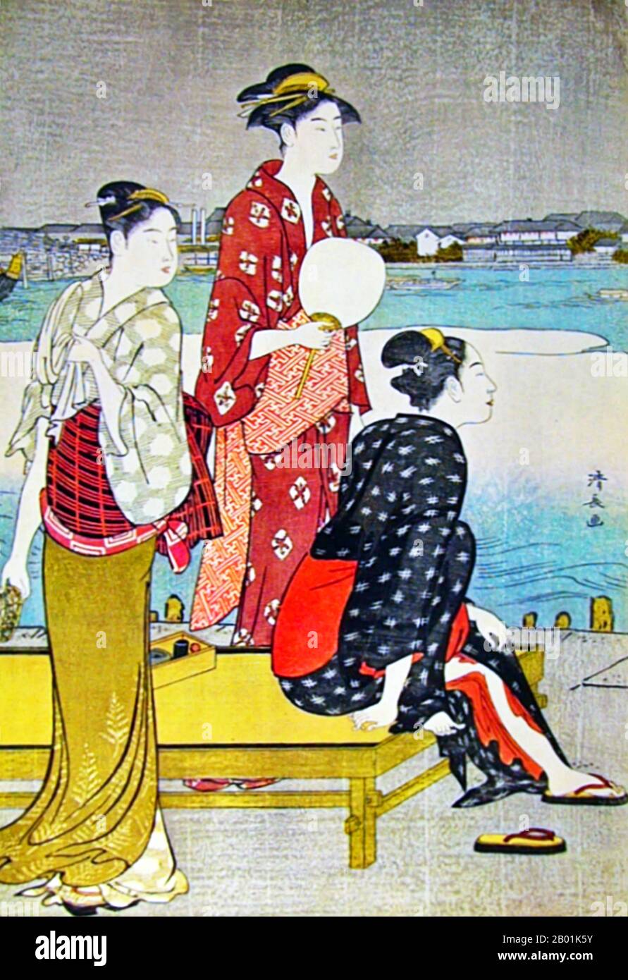 Japan: „Cooling off by the Riverside“. Ukiyo-e Holzschnitt von Torii Kiyonaga (1752 - 28. Juni 1815), ca. 1785. Torii Kiyonaga war ein japanischer Ukiyo-e-Printmacher und Maler der Torii-Schule. Ursprünglich Sekiguchi Shinsuke, der Sohn eines Edo-Buchhändlers, nahm er Torii Kiyonaga als Künstlernamen (gō) an. Obwohl er nicht biologisch mit der Familie Torii verwandt ist, wurde er nach dem Tod seines Adoptivvaters und Lehrers Torii Kiyomitsu Leiter der Gruppe. Stockfoto
