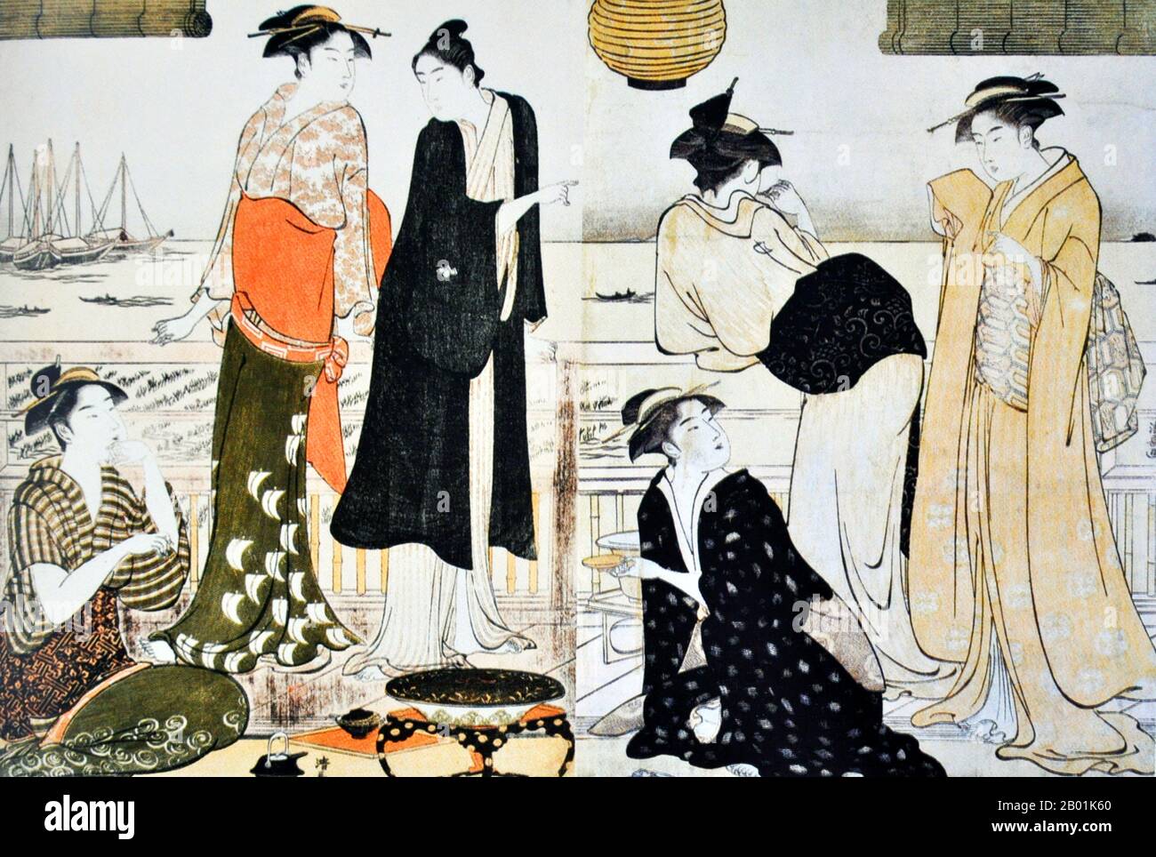 Japan: "Sechster Monat". Ukiyo-e Holzschnitt aus der Serie „Minami jûni kô“ von Torii Kiyonaga (1752 - 28. Juni 1815), 1784. Torii Kiyonaga war ein japanischer Ukiyo-e-Printmacher und Maler der Torii-Schule. Ursprünglich Sekiguchi Shinsuke, der Sohn eines Edo-Buchhändlers, nahm er Torii Kiyonaga als Künstlernamen (gō) an. Obwohl er nicht biologisch mit der Familie Torii verwandt ist, wurde er nach dem Tod seines Adoptivvaters und Lehrers Torii Kiyomitsu Leiter der Gruppe. Stockfoto