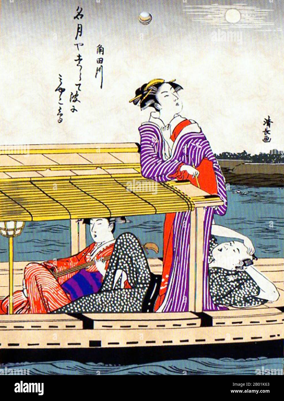 Japan: „Bootfahren, um den Erntemond zu bewundern“. Ukiyo-e Holzschnitt von Torii Kiyonaga (1752 - 28. Juni 1815), 1784. Zwei Kurtisanen, eine schaut auf den Mond und die andere spielt ein Musikinstrument, mit einem Kunden auf einem Vergnügungsboot. Torii Kiyonaga war ein japanischer Ukiyo-e-Printmacher und Maler der Torii-Schule. Ursprünglich Sekiguchi Shinsuke, der Sohn eines Edo-Buchhändlers, nahm er Torii Kiyonaga als Künstlernamen (gō) an. Obwohl er nicht biologisch mit der Familie Torii verwandt ist, wurde er nach dem Tod seines Adoptivvaters und Lehrers Torii Kiyomitsu Leiter der Gruppe. Stockfoto