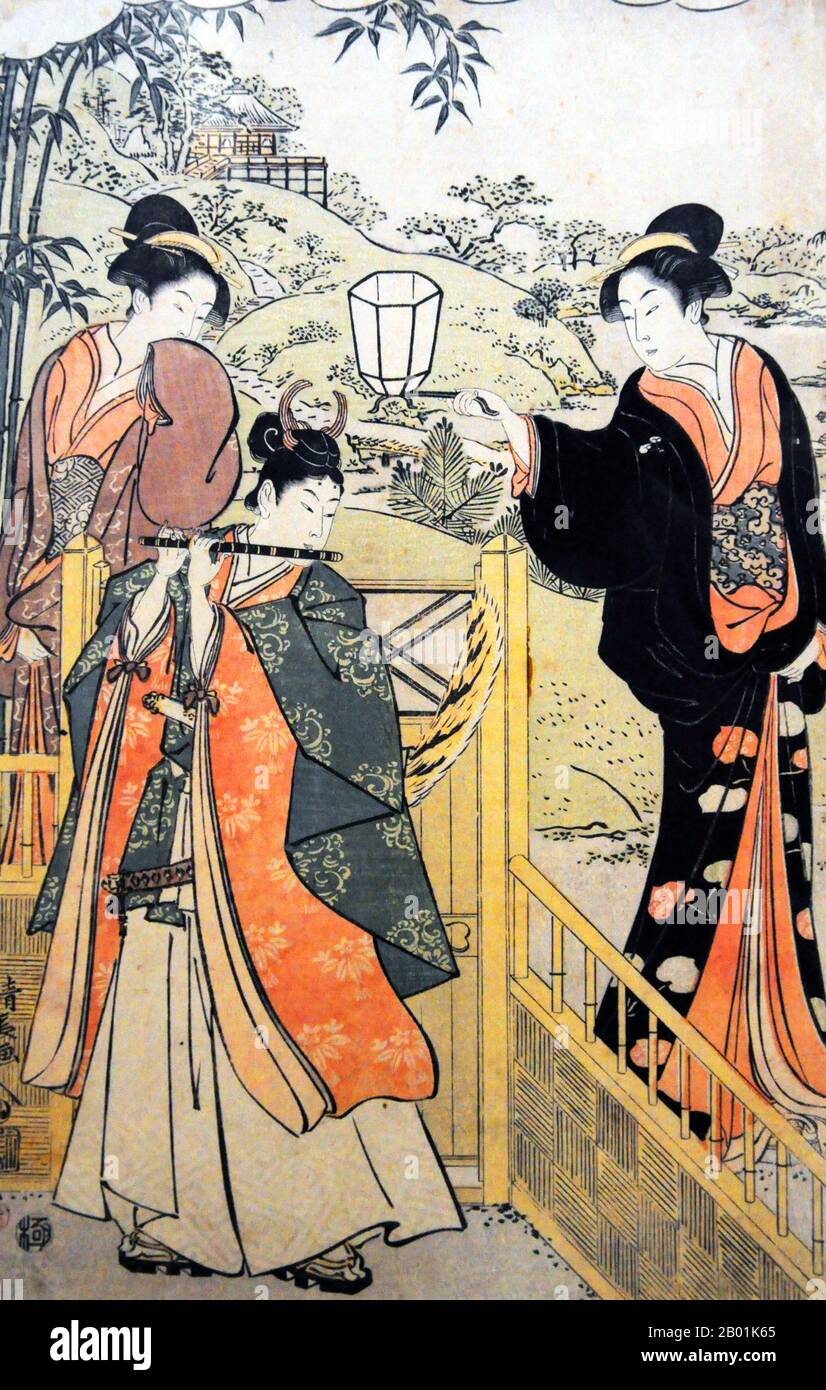 Japan: Parodie auf Lady Joruri und Ushiwakamaru. Linker Druck eines Ukiyo-e-Holzblock-Triptychons von Torii Kiyonaga (1752 - 28. Juni 1815), 1785. Torii Kiyonaga war ein japanischer Ukiyo-e-Printmacher und Maler der Torii-Schule. Ursprünglich Sekiguchi Shinsuke, der Sohn eines Edo-Buchhändlers, nahm er Torii Kiyonaga als Künstlernamen (gō) an. Obwohl er nicht biologisch mit der Familie Torii verwandt ist, wurde er nach dem Tod seines Adoptivvaters und Lehrers Torii Kiyomitsu Leiter der Gruppe. Stockfoto