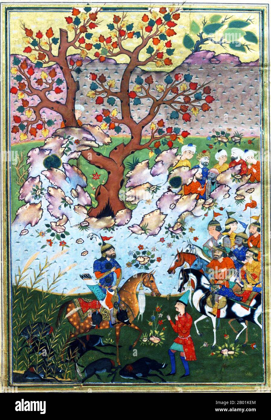 Iran/Persien: "Niemals würde ich sterben, denn ich lebe, nachdem ich die Samen der Poesie gesät habe". Gurgin verrät Bizhan. Miniaturmalerei aus dem Schahnameh, ca. 16. Jahrhundert. Das Shahnameh oder Shah-nama (Šāhnāmeh, „das Buch der Könige“) ist ein langes episches Gedicht, das der persische Dichter Ferdowsi zwischen 977 und 1010 n. Chr. geschrieben hat und das nationale Epos des Iran und verwandter perso-iranischer Kulturen ist. Der Schahnameh besteht aus etwa 60.000 Versen und erzählt die mythische und in gewissem Maße die historische Vergangenheit des Großirans von der Erschaffung der Welt bis zur islamischen Eroberung Persiens im 7. Jahrhundert. Stockfoto