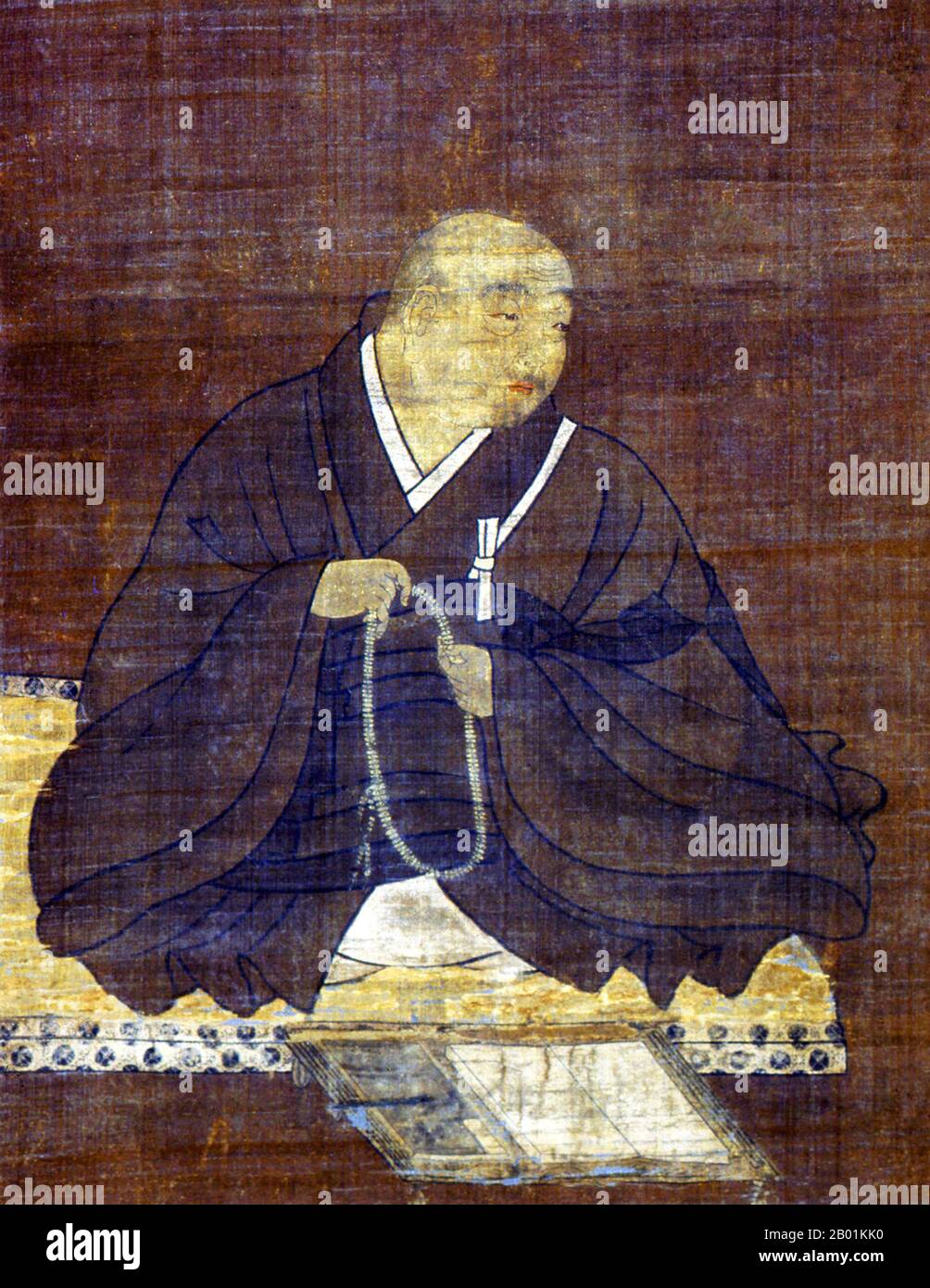 Japan: Der buddhistische Mönch Honen (13. Mai 1133 bis 29. Februar 1212). Hängendes Rollbild von Fujiwara Takanobu (1142-1205), 12. Jahrhundert. Hōnen war der religiöse Reformator und Gründer des ersten unabhängigen Zweig des japanischen reinen Land-Buddhismus namens Jōdo shū („die reine Land-Schule“). In der verwandten Jōdo Shinshū-Sekte gilt er als Siebter Patriarch. Hōnen wurde schon früh Mönch der Tendai-Sekte, wurde jedoch unbeeindruckt und suchte einen Ansatz für den Buddhismus, dem jeder folgen konnte, selbst während des wahrgenommenen Dharma-Niedergangs. Stockfoto