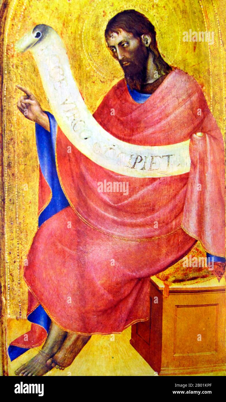 Italien: Mittelalterliche Ikone des Heiligen Johannes des Täufers (ca. 1. Jahrhundert v. Chr. - 30 n. Chr.). Rechte Pinnacle-Tafel aus einem Altarbild von Giovanni da Milano (fl. 1346-1369), ca. 1365. Johannes der Täufer war ein jüdischer Prediger aus dem Jordan River. Auch bekannt als Johannes der Vorläufer, Johannes der Eindringling und Prophet Yahya, wird er als eine wichtige religiöse Figur im Christentum, Islam, Drusen und Mandäertum verehrt. Er galt als Prophet Gottes und wurde im Neuen Testament als Vorläufer Jesu Christi angesehen. Das Lukasevangelium sagt, dass Jesus und Johannes verwandt waren. Stockfoto