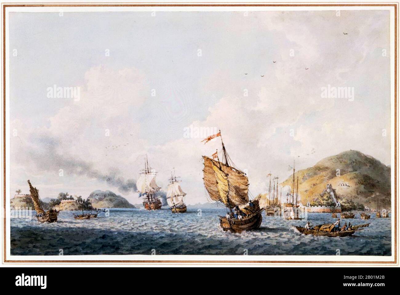 China/UK: „Der Löwe auf der Bogue“. Ölgemälde auf Leinwand von William Alexander (10. April 1767 - 23. Juli 1816), 1796. Ein ehrenamtlicher Gruß wird zwischen den chinesischen Festungen und Kriegsjunks (rechts) und zwei englischen Botschaftsschiffen ausgetauscht, die Botschafter Lord Macartney bei ihrer Reise durch die Bocca Tigris von Canton nach Macau im Jahr 1794 mitführen. Rauch tritt vom Löwen aus (links). Der Jackal (HMS Jackall) ist neben ihr. Stockfoto