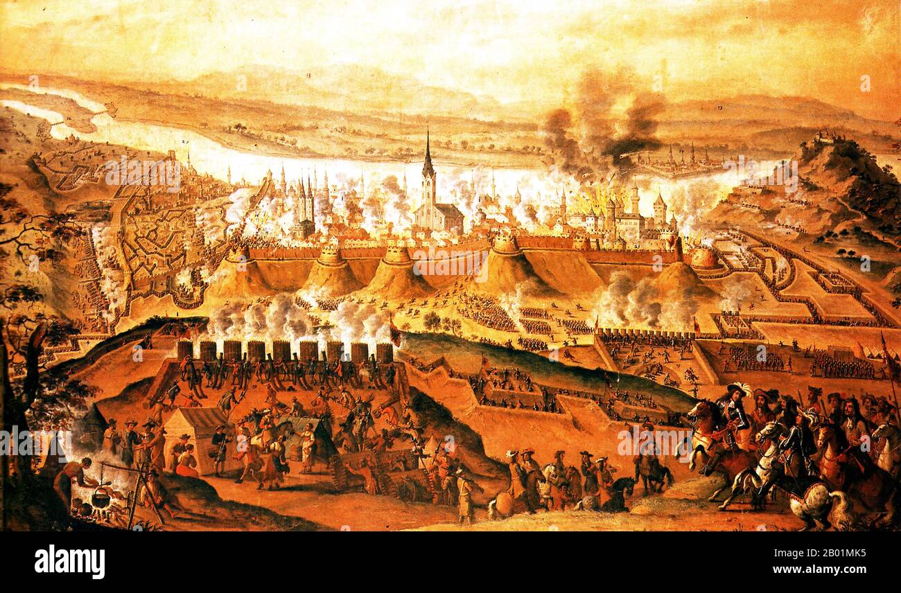 Ungarn/Niederlande: "Die Schlacht von Buda". Ölgemälde auf Leinwand von Frans Geffels (1625-1694), 17. Jahrhundert. Die Schlacht bei Buda (1686) wurde zwischen der Heiligen Liga und der osmanischen Türkei im Rahmen des Folgekampfes in Ungarn nach der Schlacht bei Wien ausgetragen. Die Heilige Liga nahm Buda nach einer langen Belagerung ein. Nach der erfolglosen zweiten Belagerung Wiens durch die Türken 1683, die den Großen Türkenkrieg auslöste, begann eine kaiserliche Gegenoffensive zur Wiedereroberung Ungarns, sodass die ungarische Hauptstadt Buda von den Türken befreit werden konnte. Stockfoto