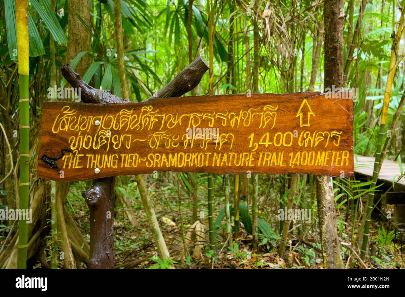 Thailand: Schild auf dem Wanderweg, Tung Tieo Forest Trail, Khao Pra - Bang Khram Wildlife Sanctuary, Provinz Krabi. Das Khao Pra - Bang Khram Wildlife Sanctuary liegt südöstlich von Krabi Town 18 km östlich der kleinen Stadt Khlong Thom. Das bei Vogelbeobachtern beliebte Schutzgebiet ist die Heimat der seltenen Gurney’s Pitta, einer bedrohten Art, die einst als ausgestorben galt, aber in sehr geringer Zahl sowohl hier als auch über die Grenze in abgelegenen Teilen Südmyanmars (Burma) wiederentdeckt wurde. Stockfoto