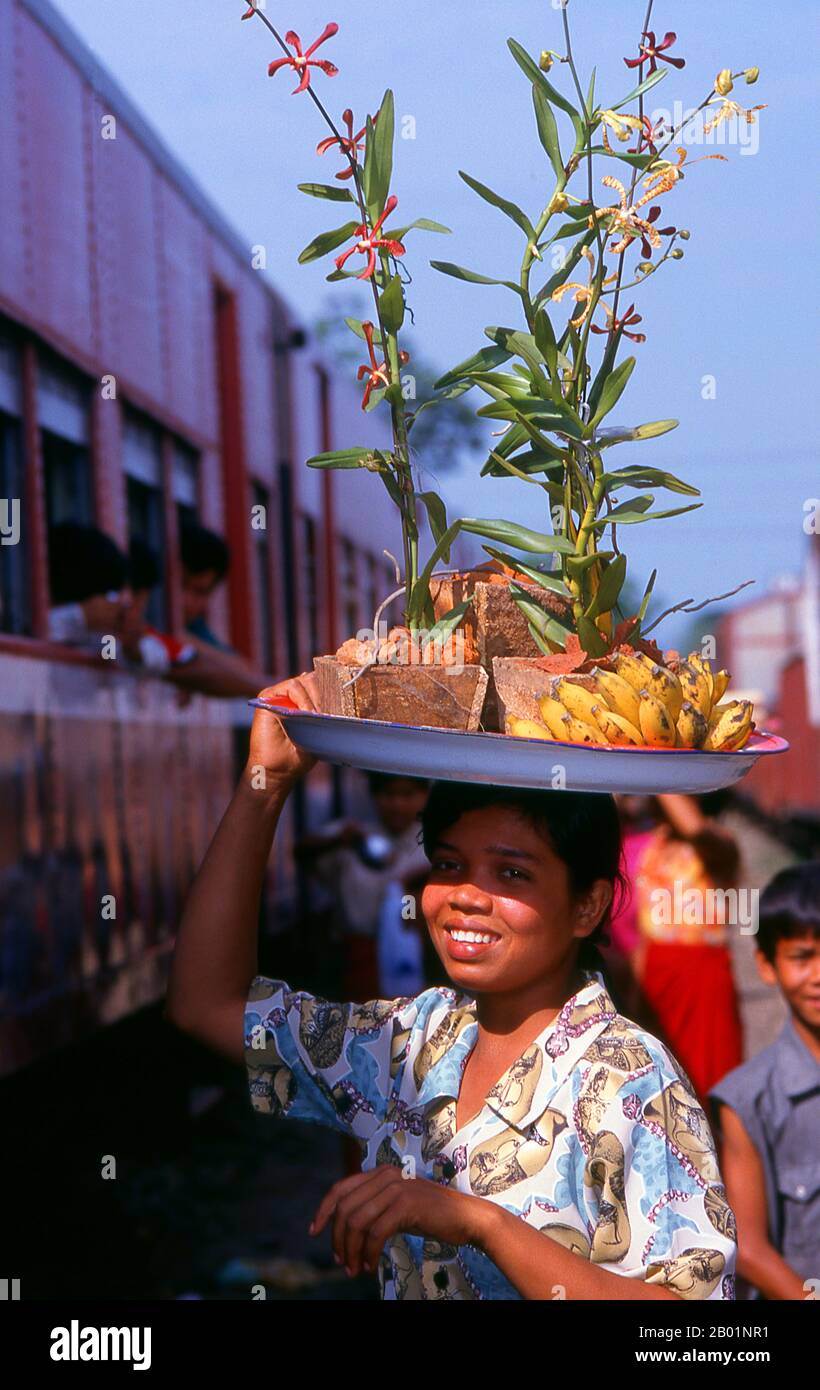 Birma/Myanmar: Ein Verkäufer, der Orchideen und Bananen auf dem Bahnhof Mohnyin im Bundesstaat Kachin verkauft. Mohnyin (Shan: Mong Yang) ist eine Stadt im Bundesstaat Kachin in Myanmar. Es ist das Verwaltungszentrum sowohl der Gemeinde Mohnyin als auch des Distrikts Mohnyin. Stockfoto