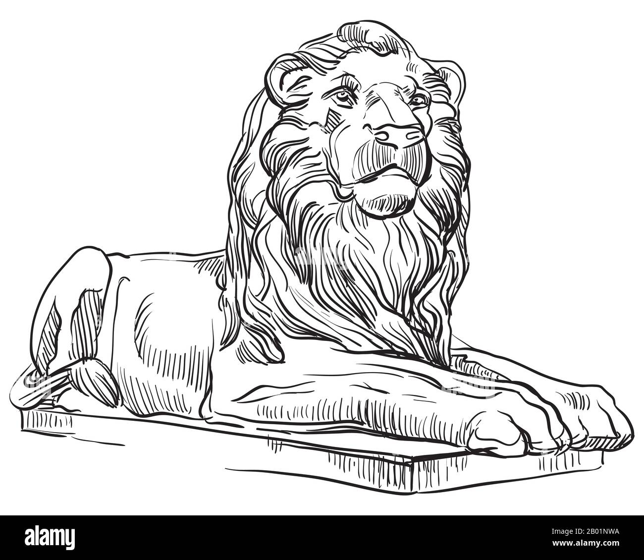 Skizze der klassischen griechischen Löwenstatue Profilansicht. Vector Hand Drawing Illustration in schwarzer Farbe isoliert auf weißem Hintergrund. Grafikelement für Stock Vektor