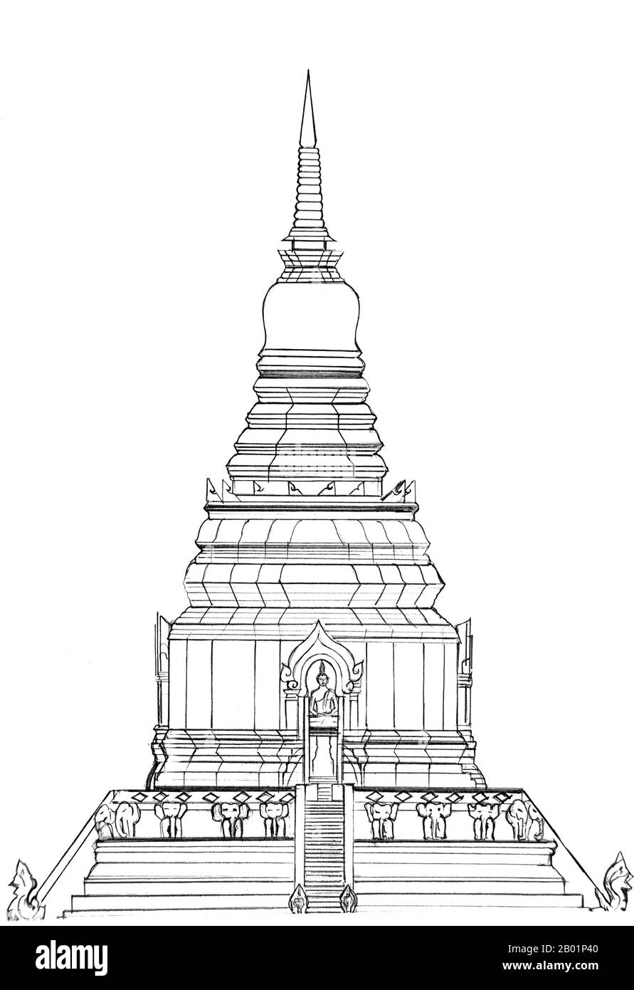 Thailand: Architektonische Zeichnung der vermuteten Originalform von Chiang Mai Chedi Luang vor dem Erdbeben von 1545. Blick auf die Ostseite, vom Haupteingang aus gesehen. Wat Chedi Luang übersetzt wörtlich aus dem Thailändischen als „Kloster der Großen Stupa“. Der Bau des Tempels begann Ende des 14. Jahrhunderts, als das Königreich Lan Na in seiner Blütezeit war. König Saen Muang Ma (1385–1401) beabsichtigte, hier eine große Reliquie zu beherbergen, um die Asche seines Vaters, König Ku Na (1355–1385), zu verwahren. Heute ist es der Ort der Lak Muang oder Stadtsäule. Stockfoto