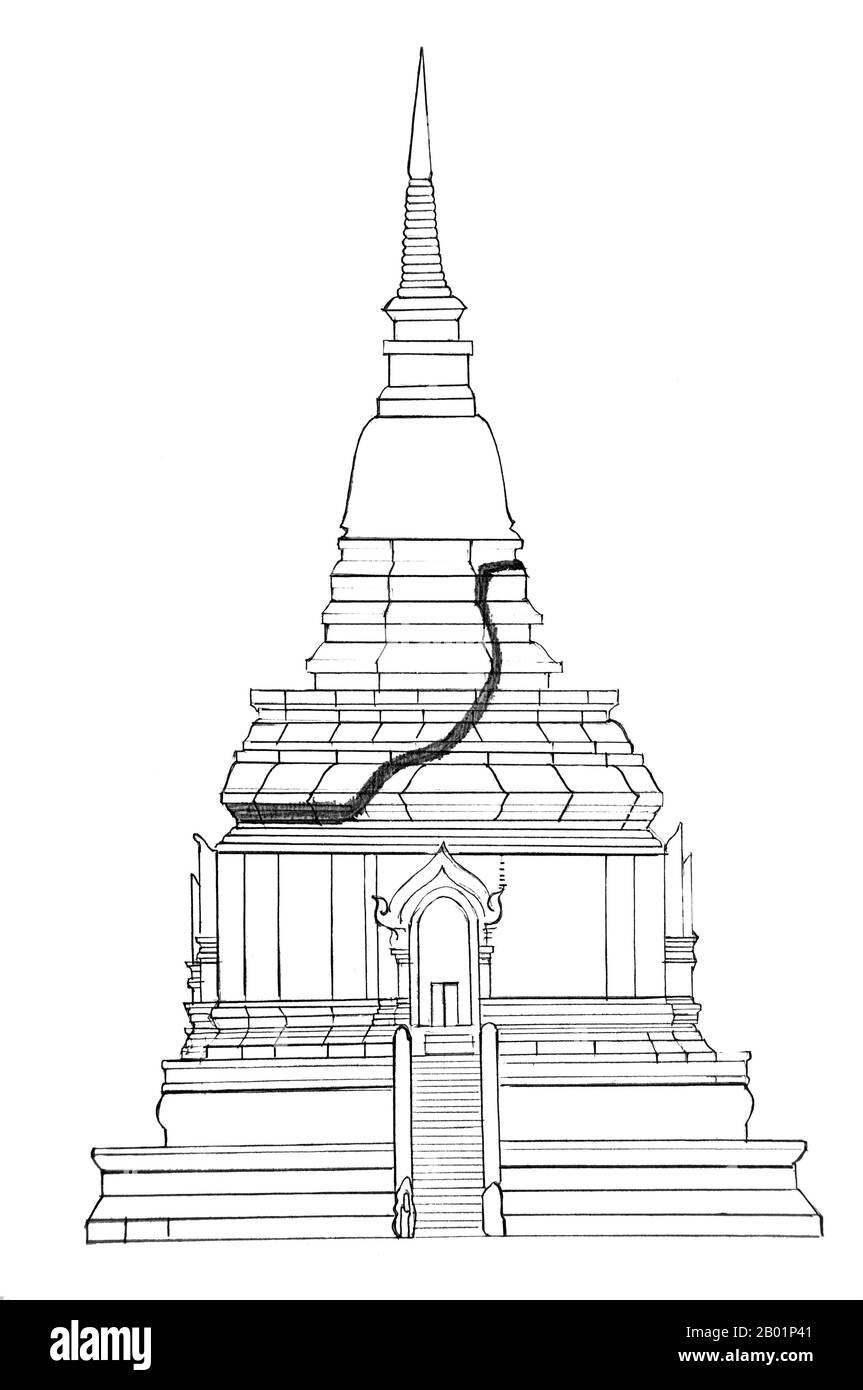 Thailand: Architektonische Zeichnung der vermuteten Originalform von Chiang Mai’s Chedi Luang vor dem Erdbeben von 1545, die eine durch das Erdbeben verursachte Spalte zeigt, wo der ursprüngliche Chedi brach und abscherte. Blick auf die Ostseite, vom Haupteingang aus gesehen. Wat Chedi Luang übersetzt wörtlich aus dem Thailändischen als „Kloster der Großen Stupa“. Der Bau des Tempels begann Ende des 14. Jahrhunderts, als das Königreich Lan Na in seiner Blütezeit war. König Saen Muang Ma (1385–1401) beabsichtigte, hier eine große Reliquie zu beherbergen, um die Asche seines Vaters, König Ku Na (1355–1385), zu verwahren. Stockfoto