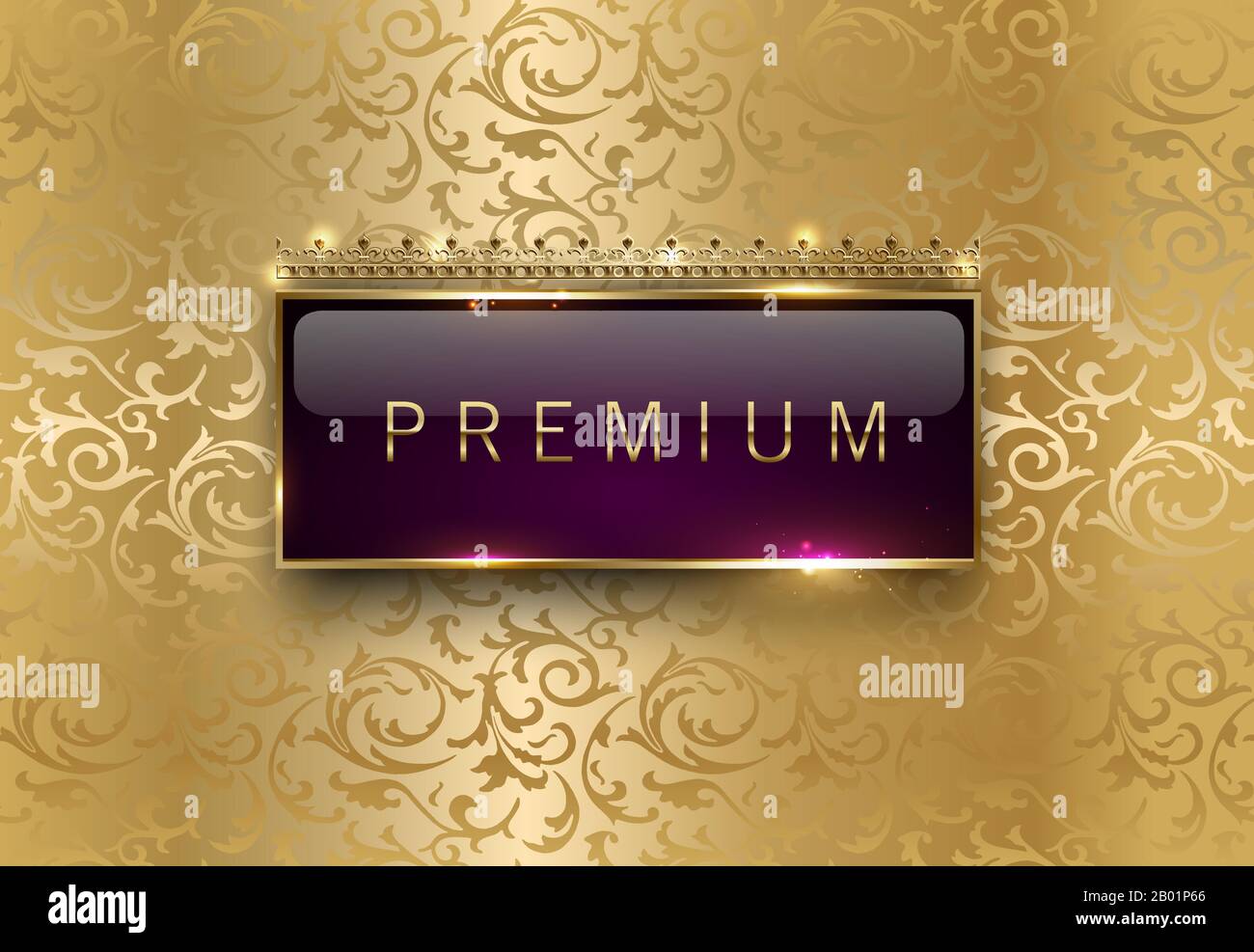 Premium-lila-Etikett mit rechteckiger goldener Rahmenkrone auf goldenem Blumenhintergrund. VIP-Vorlage in Königsglanz. Vector Luxury Illustration. Jahrgang Stock Vektor