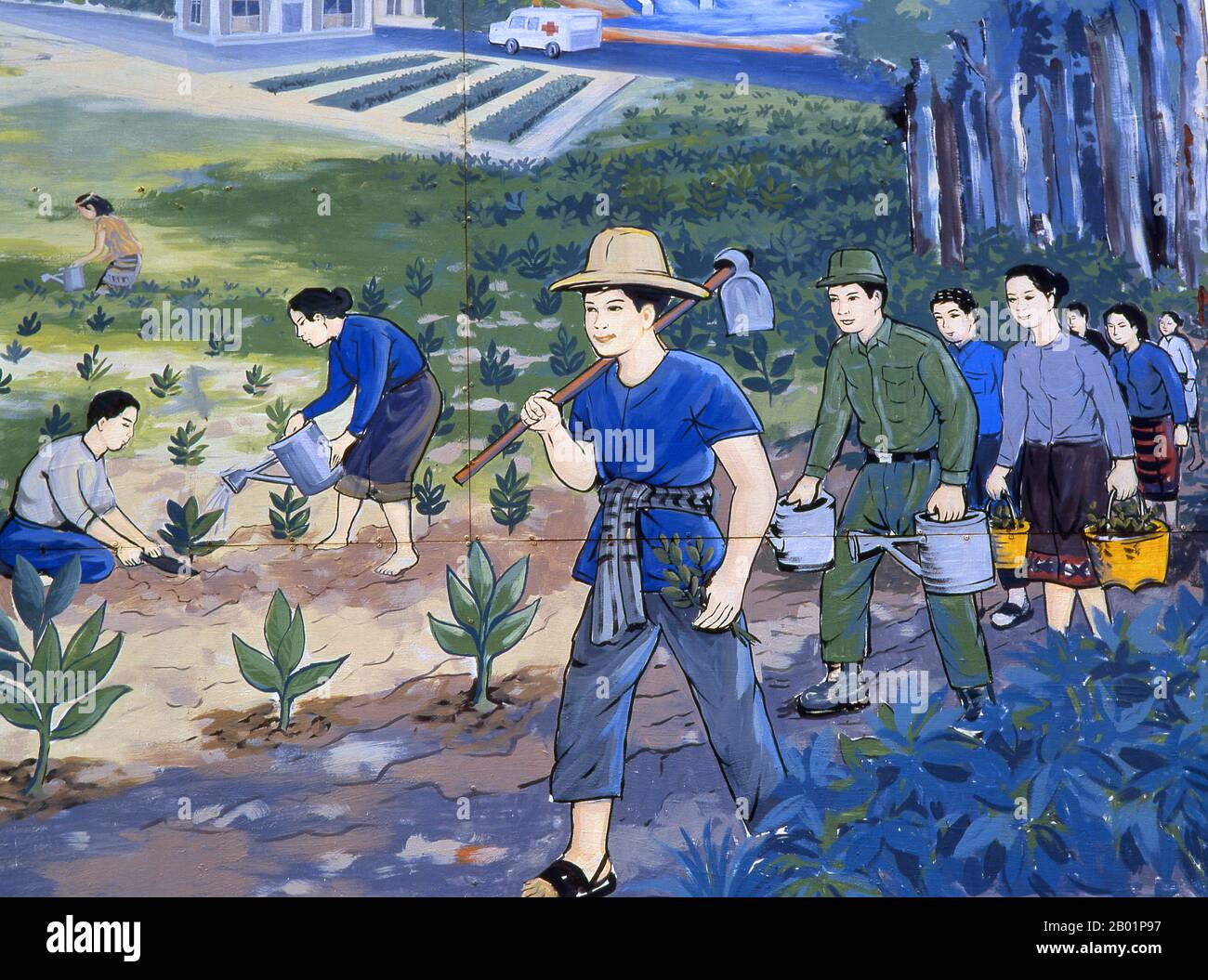 Laos: Politisches Plakat im Stil des revolutionären Sozialistischen Realismus auf den Straßen von Vientiane. Sozialistischer Realismus ist ein Stil realistischer Kunst, der in der Sowjetunion entwickelt wurde und in anderen kommunistischen Ländern zu einem dominanten Stil wurde. Der sozialistische Realismus ist ein teleologisch orientierter Stil, der die Ziele des Sozialismus und Kommunismus fördern soll. Obwohl verwandt, sollte sie nicht mit dem sozialen Realismus verwechselt werden, einer Art Kunst, die Themen von sozialem Interesse realistisch darstellt. Im Gegensatz zum sozialen Realismus verherrlicht der sozialistische Realismus oft die Rolle der Armen. Stockfoto