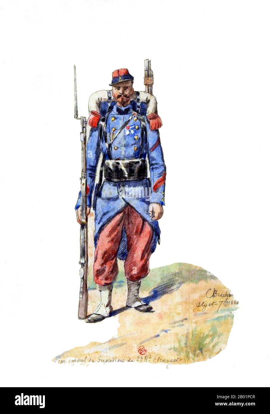 Frankreich/Algerien: Grenadierkorporal des 2. Regiments der Fremdenlegion in Algier 1860. Aquarellmalerei von C. Brecht, Anfang des 20. Jahrhunderts. Die französische Auswärtige Legion (französisch Légion étrangère) ist ein 1831 gegründeter militärischer Flügel der französischen Armee, der ausschließlich für ausländische Staatsbürger geschaffen wurde, die bereit sind, in der französischen Armee zu dienen. Unter dem Kommando französischer Offiziere steht es auch französischen Bürgern offen, die ab 2007 24 % der Rekruten ausmachten. Stockfoto