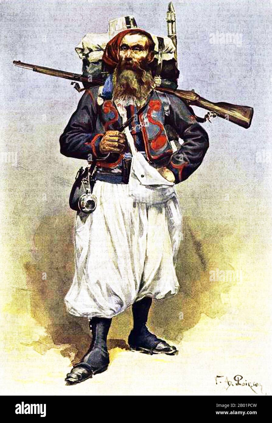 Frankreich: Ein Zouave mit kompletter Ausrüstung. Aquarellgemälde von Victor Armand Poirson (19. Mai 1858 bis 13. Februar 1893), 1888. Zouave war der Titel, den einige leichte Infanterieregimenter der französischen Armee erhielten, die normalerweise zwischen 1831 und 1962 in Französisch-Nordafrika dienten. Der Name wurde im 19. Jahrhundert auch von Einheiten anderer Armeen übernommen, insbesondere von Freiwilligenregimentern, die im Amerikanischen Bürgerkrieg zum Dienst erhoben wurden. Die Hauptmerkmale solcher Einheiten waren die Zouave-Uniform, die kurze offene Jacken, Baggy Hosen und oft Schärpen und orientalische Kopfbedeckungen umfasste Stockfoto
