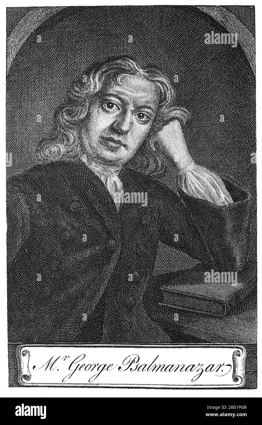 England/Frankreich/Taiwan: George Psalmanazar (1679 - 3. Mai 1763), Fantasist und Pseudo-Lexikograph von Formosan. Stich, 18. Jahrhundert. George Psalmanazar behauptete, der erste Formosan zu sein, der Europa besuchte. Einige Jahre lang überzeugte er viele in Großbritannien, aber später stellte sich heraus, dass er ein Betrüger war. Später wurde er ein theologischer Essayist und ein Freund und Bekannter von Samuel Johnson und anderen bekannten Persönlichkeiten des literarischen London des 18. Jahrhunderts. 1704 veröffentlichte Psalmanazar ein Buch mit dem Titel „an Historical and Geographical Description of Formosa“, eine Insel, die dem Kaiser von Japan untersteht. Stockfoto