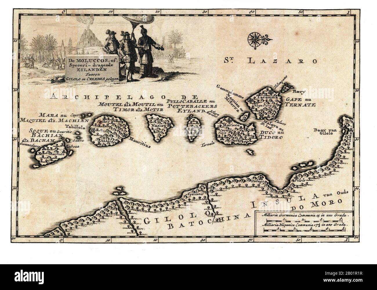 Indonesien/Niederlande: Frühe Karte der Maluku-Inseln. Kupferstich von Pieter Van der AA (1659-1733), um 1707. Die Maluku-Inseln (auch bekannt als Molukken, Molukken-Inseln und Gewürzinseln) sind ein Archipel, der Teil Indonesiens und der größeren maritimen Region Südostasien ist. Tektonisch befinden sie sich auf der Halmahera-Platte innerhalb der Molucca Sea Collision Zone. Geografisch liegen sie östlich von Sulawesi (Celebes), westlich von Neuguinea und nördlich und östlich von Timor. Die meisten Inseln sind bergig, einige mit aktiven Vulkanen, und genießen ein feuchtes Klima Stockfoto