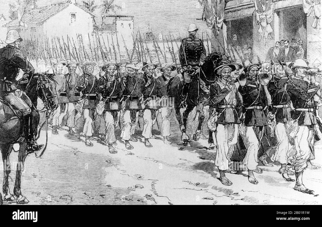 Vietnam/Frankreich: Annamiten-Soldaten in Hanoi. Stich aus „Le Monde Illustré“, 1884. Französisch-Indochina war Teil des französischen Kolonialreichs in Südostasien. 1887 wurde eine Föderation der drei vietnamesischen Regionen Tonkin (Norden), Annam (Mitte) und Cochinchina (Süden) sowie Kambodscha gegründet. Stockfoto