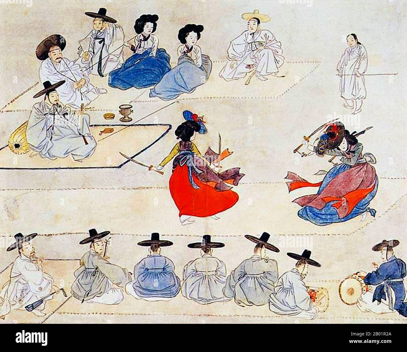 Korea: Zwei Frauen tanzen mit Schwertern. Gemälde aus dem 'Hyewon Pungsokdo', um 1805. Hyewon Pungsokdo ist ein Album mit Genremalereien von Shin Yunbok oder Hyewon (1758–1813), einem der berühmtesten Genremaler der späten Joseonzeit (1390–1910). Das Album ist zum 135. Nationalschatz Südkoreas ernannt und befindet sich im Gansong Art Museum in Seongbuk-gu, Seoul. Stockfoto