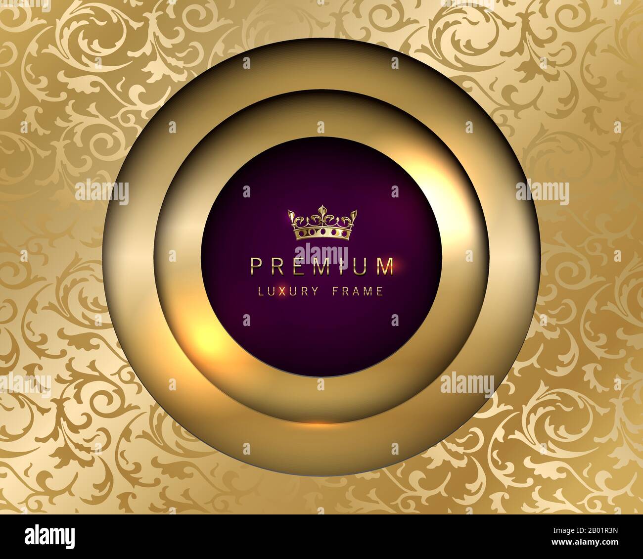 Vector Luxus Vintage Rundrahmen goldener Hintergrund. VIP-Einladung oder Ansagekarte Papierschnitt Design. Goldenes Blumenmuster und violette Farbe Stock Vektor
