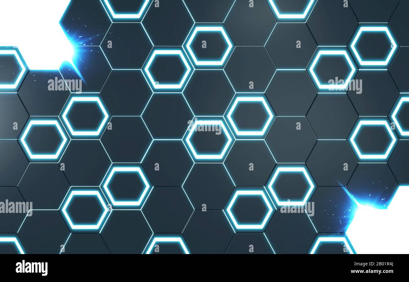 Sechseckige schwarze, abstrakte Hintergrundfarbe. 3D-Rendering Stockfoto