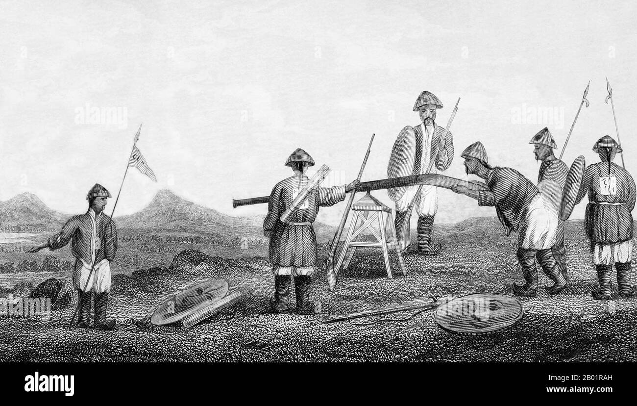 China/Vereinigtes Königreich: „Chinesische Soldaten mit Gingals“. Kupferstich von Edward Belcher (27. Februar 1799 bis 18. März 1877), 1843. Der erste Anglo-Chinesische Krieg (1839–1842), im Volksmund als erster Opiumkrieg oder einfach Opiumkrieg bekannt, wurde zwischen Großbritannien und der Qing-Dynastie wegen ihrer widersprüchlichen Ansichten über diplomatische Beziehungen, Handel und Justizverwaltung geführt. Chinesische Beamte wollten verhindern, was als Abfluss von Silber wahrgenommen wurde, und die Verbreitung von Opium kontrollieren und konfiszierten Opiumvorräte von britischen Händlern. Stockfoto