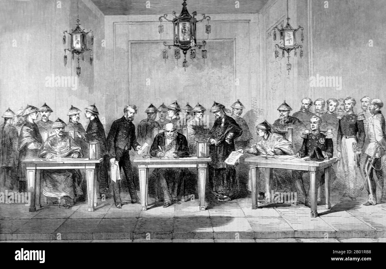 China: Unterzeichnung des Vertrags von Tientsin. Kupferstich aus The Illustrated London News, 6. Juni 1858. Der Vertrag von Tientsin, auch bekannt als der Vertrag von Tianjin, ist der Sammelname für eine Reihe von Dokumenten, die im Juni 1858 in Tianjin unterzeichnet wurden. Zu den sogenannten ungleichen Verträgen zählte die Qing-Dynastie, die das Vereinigte Königreich, das zweite Französische Reich, das Russische Reich und die Vereinigten Staaten unterzeichnen mussten. Nach Beendigung der ersten Phase des Zweiten Opiumkrieges wurden in den Verträgen mehr chinesische Häfen für den Außenhandel geöffnet und Opium effektiv legalisiert. Stockfoto