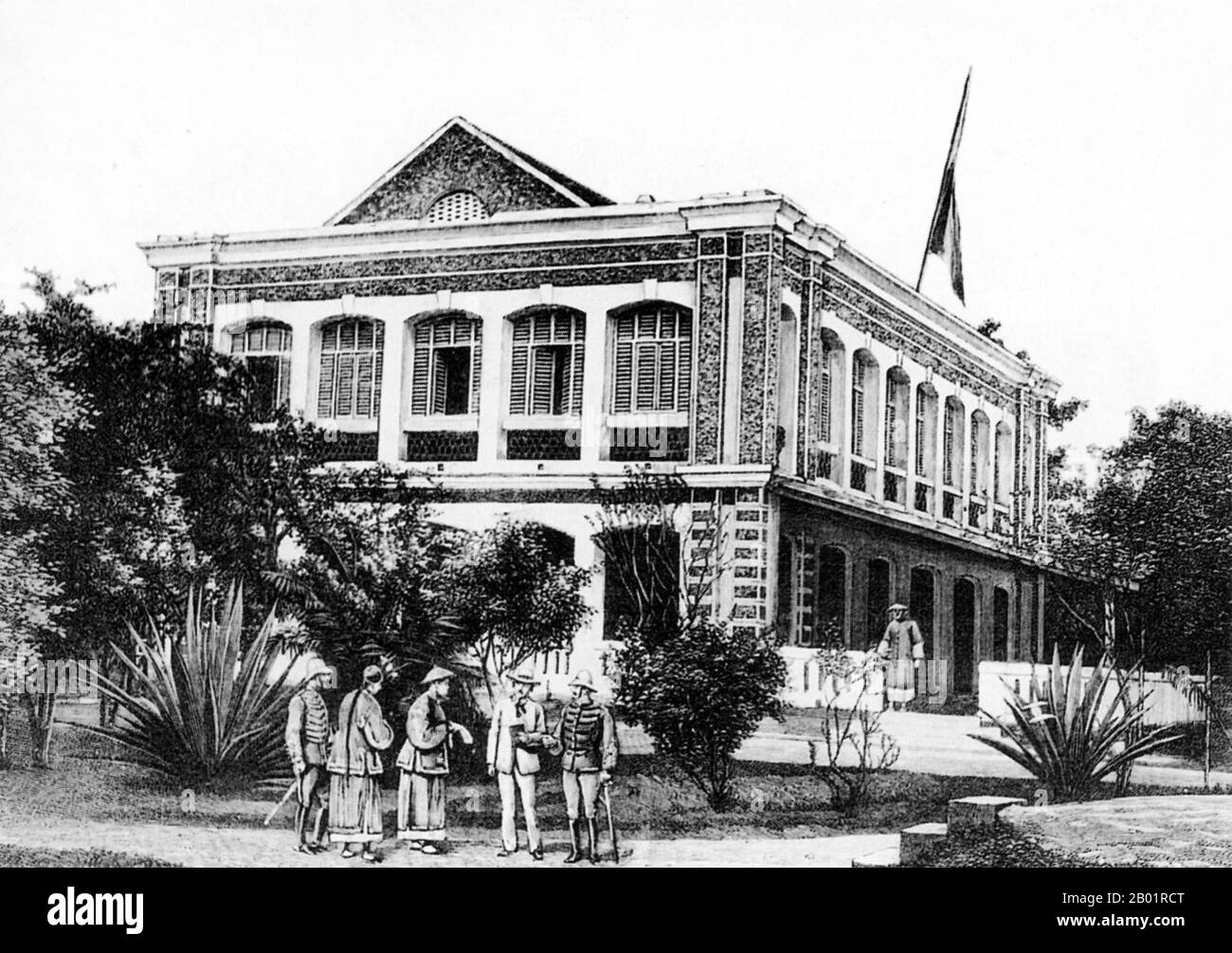 Vietnam: Der Palast des französischen Generalgouverneurs in Hanoi, 1887. Französisch-Indochina (französisch: Indochine francaise; Khmer: សហភាព​ឥណ្ឌូចិន, Vietnamesisch: Đông Dương thuộc Pháp, häufig abgekürzt Đông Pháp) war Teil des französischen Kolonialreiches in Südostasien. 1887 wurde eine Föderation der drei vietnamesischen Regionen Tonkin (Norden), Annam (Mitte) und Cochinchina (Süden) sowie Kambodscha gegründet. Stockfoto