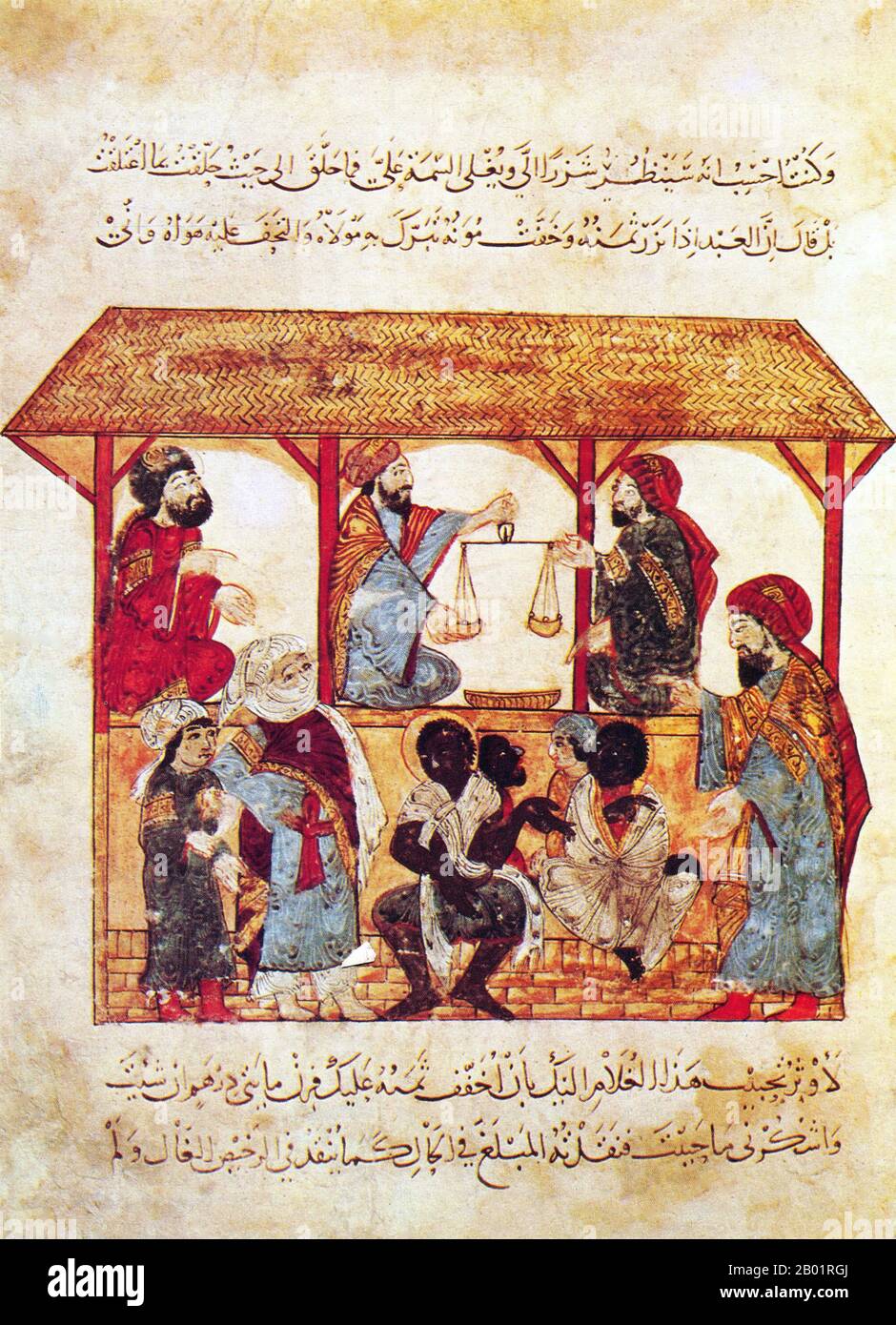 Irak: Der Sklavenmarkt in Zabid im Jemen. Miniaturgemälde von Yahya ibn Mahmud al-Wasiti, 1237 n. Chr. Yahyâ ibn Mahmûd al-Wâsitî war ein arabischer islamischer Künstler aus dem 13. Jahrhundert. Al-Wasiti wurde in Wasit im südlichen Irak geboren. Er war bekannt für seine Illustrationen des Maqam von al-Hariri. Maqāma (wörtlich „Versammlungen“) sind ein (ursprünglich) arabisches literarisches Genre der Reimprosa mit Gedichtabständen, in denen rhetorische Extravaganz auffallend ist. Der Autor Badī al-Zaman al-Hamadhāni aus dem 10. Jahrhundert soll die Form erfunden haben, die im nächsten Jahrhundert von al-Hariri von Basra erweitert wurde. Stockfoto