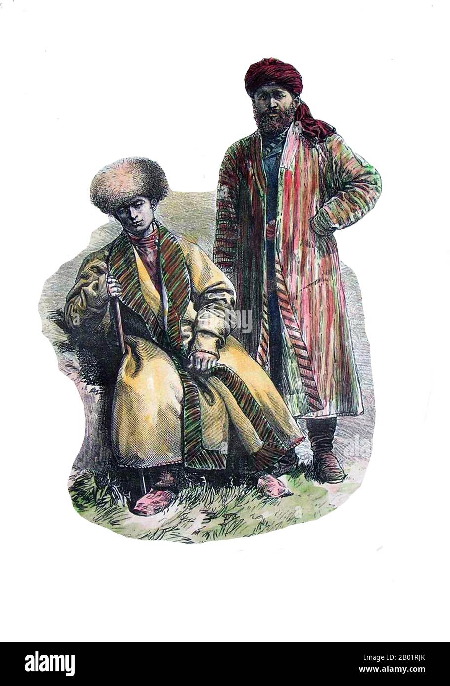 Usbekistan: Tadschiken von Buchara. Stich von Pranishnikov, 1895. Tadschikisch ist eine allgemeine Bezeichnung für ein breites Spektrum persischsprachiger Menschen iranischer Herkunft mit traditionellen Heimatländern im heutigen Afghanistan, Tadschikistan und Usbekistan. Es gibt auch kleinere Gemeinden im Iran und Pakistan, die hauptsächlich aus Flüchtlingen aus Afghanistan und Einwanderern aus Tadschikistan bestehen. Was Sprache, Kultur und Geschichte betrifft, sind die Tadschiken eng mit den Persern des Iran verwandt. Stockfoto
