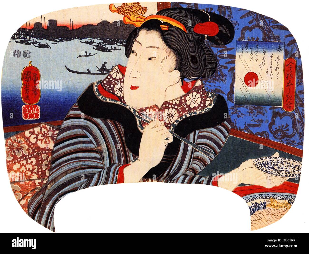 Japan: „Rot“ aus der Serie „Vergleich der fünf modernen Farben“. Ukiyo-e Holzschnitt von Utagawa Kuniyoshi (1. Januar 1797 - 14. April 1861), ca. 1847-1852. Essstäbchen sind kurze, sich verjüngende Stäbchen, die in Paaren gleicher Länge verwendet werden und als traditionelle Essutensilien in China, der Mongolei, Japan, Korea und Vietnam verwendet werden. Im Allgemeinen wird angenommen, dass sie ihren Ursprung im alten China haben, sie sind auch in einigen Gebieten Tibets und Nepals zu finden, die nahe der Han-chinesischen Bevölkerung sind, sowie in Gebieten Thailands, Laos und Birmas, die bedeutende chinesische Bevölkerung haben. Stockfoto