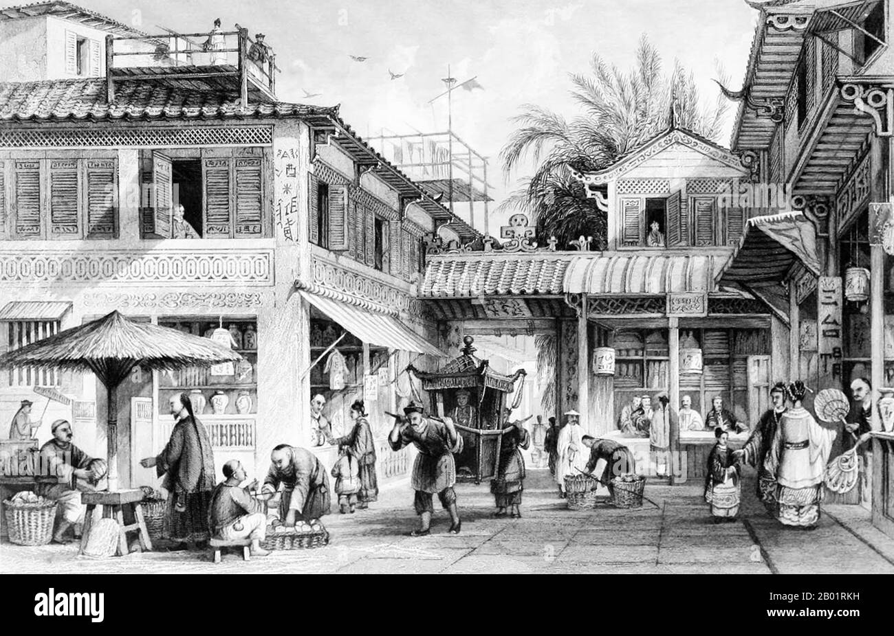 China: "Eine Straße in Kanton". Stich von Thomas Allom (13. März 1804 - 21. Oktober 1872), um 1845. Thomas Allom war ein englischer Architekt, Künstler und topographischer Illustrator. Er war Gründungsmitglied des Royal Institute of British Architects (RIBA). Er entwarf viele Gebäude in London, darunter die Kirche St. Peter's und Teile des eleganten Ladbroke Estate in Notting Hill. Er arbeitete auch mit Sir Charles Barry an zahlreichen Projekten, vor allem an den Houses of Parliament, und ist auch bekannt für seine zahlreichen topographischen Werke. Stockfoto