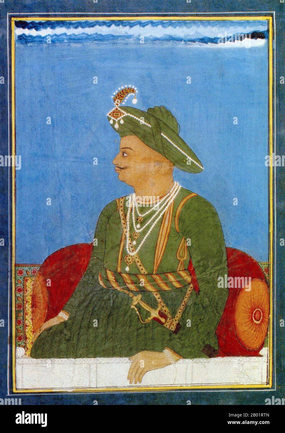 Indien: Tipu Sultan (November 1750 bis 4. Mai 1799), Herrscher des Königreichs Mysore (R. 1782–1799). Aquarellmalerei, ca. 1790. Tipu Sultan, auch bekannt als Tiger von Mysore, war de facto Herrscher des Königreichs Mysore. Er war der Sohn von Hyder Ali, damals Offizier der mysoreanischen Armee vor seinem Machtübergang, und seiner zweiten Frau Fatima oder Fakhr-un-Nissa. Er erhielt eine Reihe von Ehrentiteln und wurde als Sultan Fateh Ali Khan Shahab, Tipu Saheb, Bahadur Khan Tipu Sultan oder Fatih Ali Khan Tipu Sultan Bahadur bezeichnet. Stockfoto