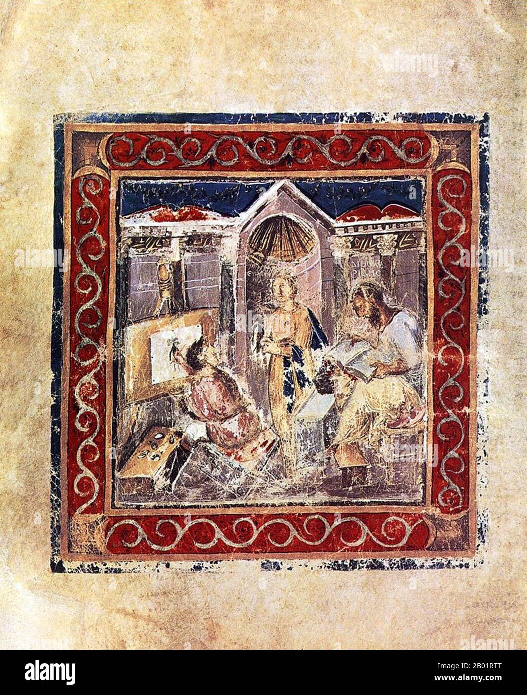 Griechenland/Byzanz: Epinoia (Mitte) hält eine Mandragora für Dioscorides (rechts). Miniaturmalerei aus dem Codex Vienna Dioscorides, 512 n. Chr. Eines der Autorenfotos aus den Wiener Dioscoriden (fol. 5 verso). Die allegorische Figur Epinoia (Denkkraft) hält eine Mandragora. Der Maler erstellt ein Bild und Dioscorides beschreibt die Pflanze. Die Wiener Dioscurides oder Wiener Dioscorides ist eine Handschrift aus dem frühen 6. Jahrhundert von Dioscorides in griechischer Sprache von de Materia Medica. Es ist ein wichtiges und seltenes Beispiel für einen spätantiken wissenschaftlichen Text. Stockfoto
