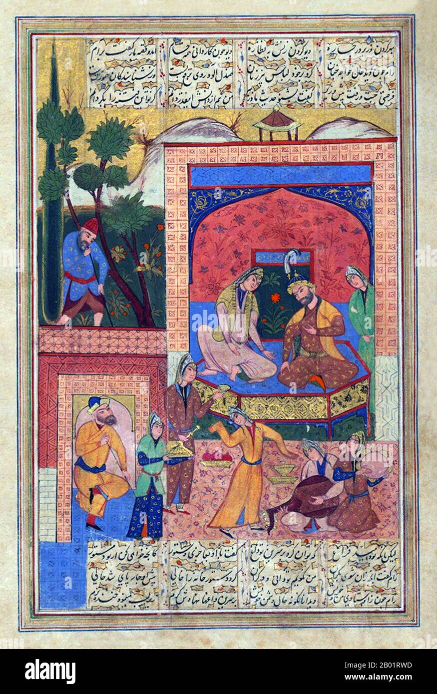 Iran: Sassanidenprinz Bahram Gur (400–438) im Sandelwood-Pavillon. Miniaturmalerei aus einer späteren Ausgabe von Amir Khusrohs (1253-1325) Hasht-Bihisht (acht Paradiese), um 1609. Bahram V. war der 14. Sassanidische König von Persien (R. 421–438). Auch Bahram Gur oder Bahramgur genannt, war er ein Sohn von Yazdegerd I., nach dessen plötzlichem Tod (oder Ermordung) er mit Hilfe von Mundhir, dem arabischen Dynast von al-Hirah, die Krone gegen die Opposition der Granden gewann. Sandelholz ist der Name einer Klasse duftender Hölzer aus Bäumen der Gattung Santalum. Die Wälder sind schwer, gelb und feinkörnig. Stockfoto