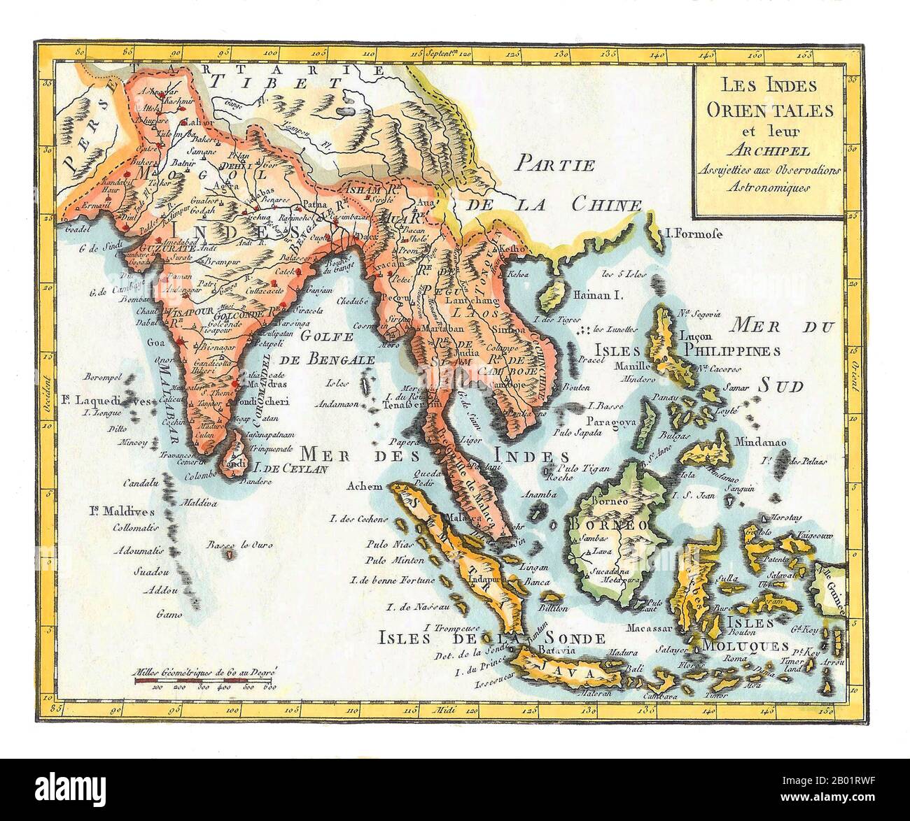 Asien/Indischer Ozean: „Ostindien“. Handkolorierte Karte von Joseph de La Porte (19. Januar 1714 bis 19. Dezember 1779) aus seinem Atlas Moderne Portatif, 1799. Ostindien ist ein Begriff, der von Europäern ab dem 16. Jahrhundert verwendet wird, um den heutigen indischen Subkontinent oder Südasien, Südostasien und die Inseln Ozeaniens, einschließlich des Malaiischen Archipels und der Philippinen, zu identifizieren. Traditionell wurden China, Japan und andere Länder nördlich von Indien und dem Himalaya von diesem Begriff ausgeschlossen. Die Namen „Indien“ und „Indien“ stammen vom Indus-Fluss im heutigen Pakistan ab. Stockfoto